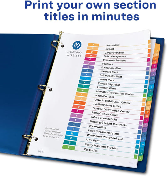 Avery A-Z Dividers for 3 Ring Binders, 26 Tabs per Set, Customizable Table of Contents, Multicolor Tabs, Great for Organizing Reports, Projects, and More (11125)