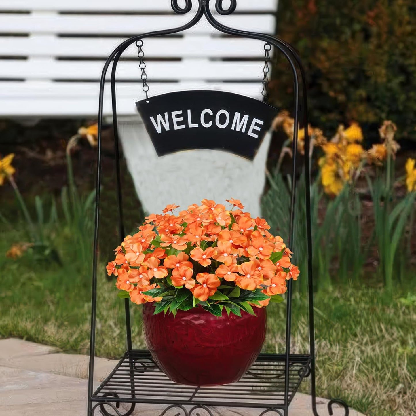 2 Pcs Artificial Impatiens Flowers for Outdoors Silk Flowers Bushes Greenery Bouquet Orange Faux Impatiens for Outdoor Planters Patio Lawn Garden Pot Hanging Basket Porch Home Fall Decoration
