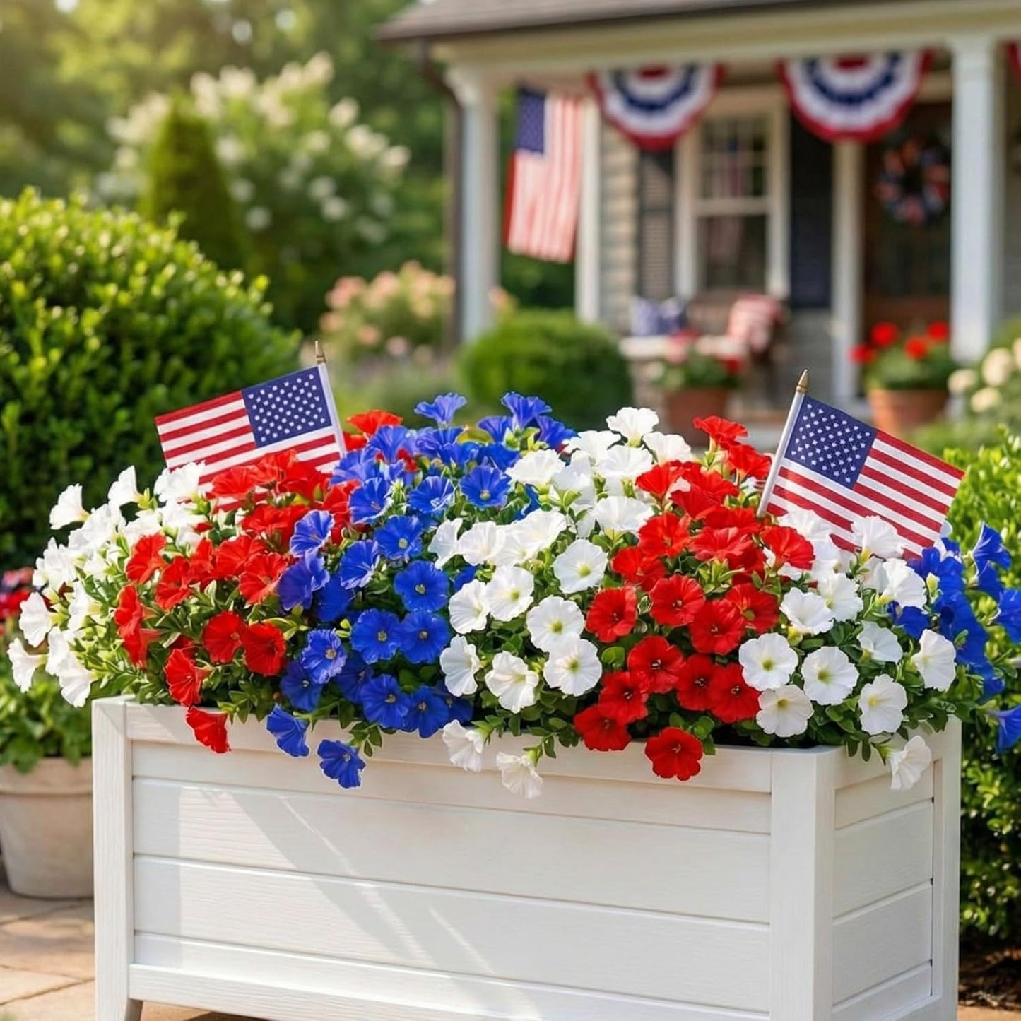 Dingion 12 Pcs Red White Blue Artificial Flower Petunias UV Resistant Patriotic Outdoor Decoration for July 4th Independence Day National Day Short Stem Plastic Flowers for Pot Window Planter Garden