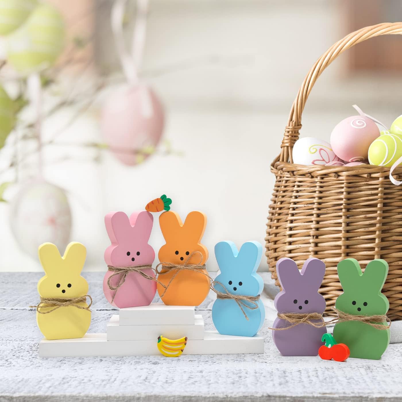 DAZONGE Easter Decorations - 6PCS Wooden Bunny Peeps Signs for Mantel Table Shelf Tiered Tray Decor - Easter/Spring Decorations for Home