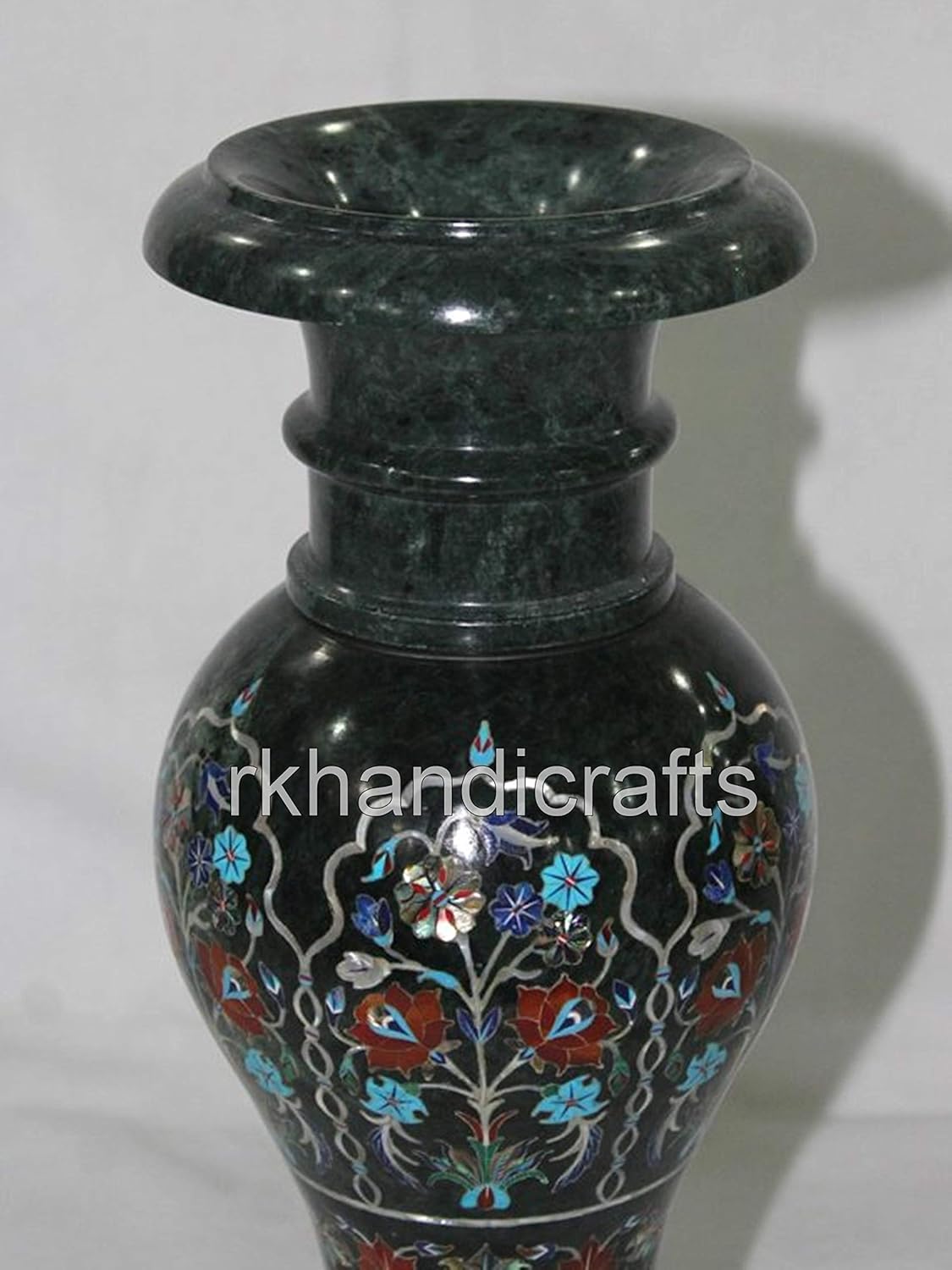 Natural Gemstone Inlay Work Plant Stand for Bar Area Decor Green Marble Flower Pot with Luxury Look 14 Inches