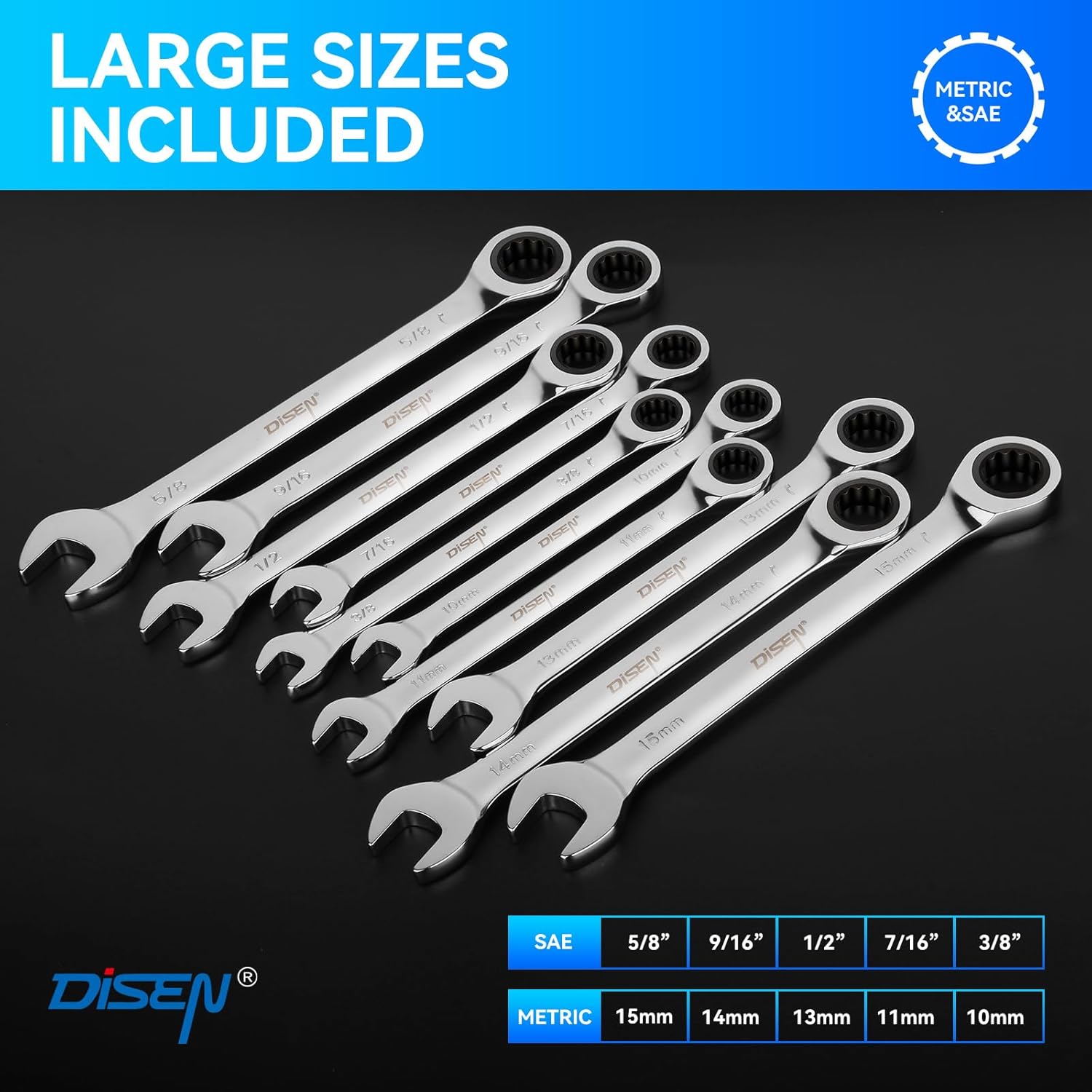 DISEN 10Pcs Ratcheting Wrench Set SAE & Metric Ratchet Wrench Set with