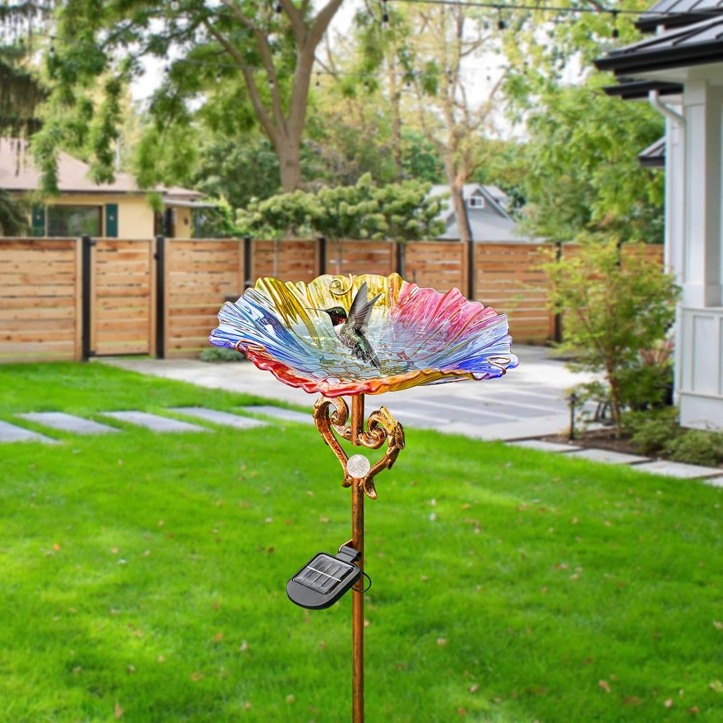 Garden Decor Gifts Solar Glass Blue Bird Bath Yard Art Garden Outdoor Birdbath with Metal Stake with White LED Light Metal Stake Garden for Women