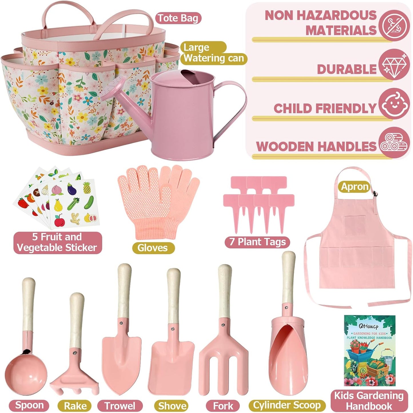 Kids Gardening Set 14Pcs Garden Tools with Tote Bag,Watering Can, Shov