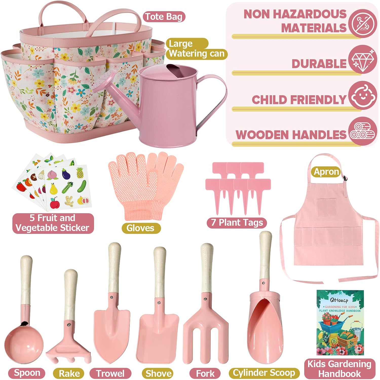 Kids Gardening Set 14Pcs Garden Tools with Tote Bag,Watering Can, Shov