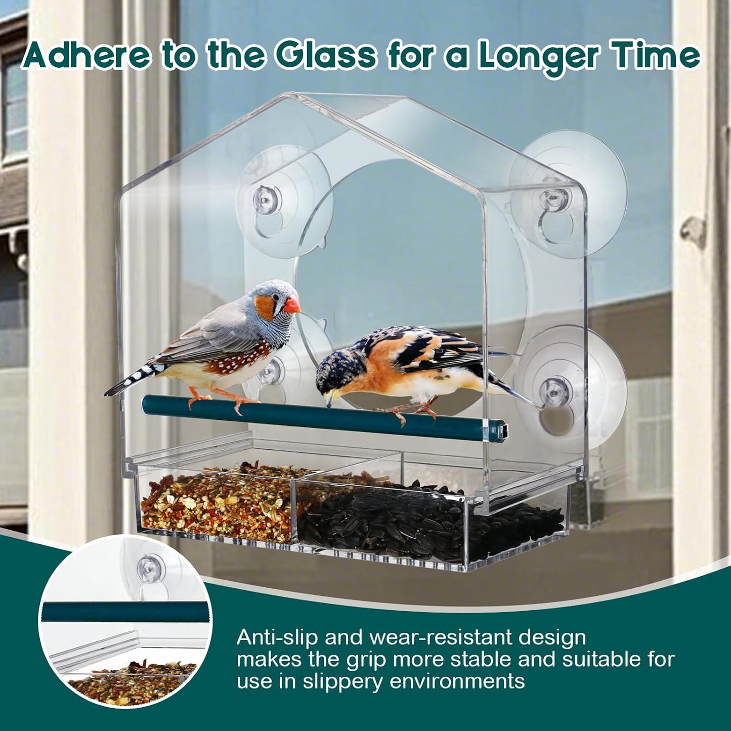 Clear Window Bird Feeder for Outside,Window Bird Feeder with Strong Suction Cups,Clear Window feeders for Viewing, Removable Tray and Large Seed Capacity,Easy-to-Clean