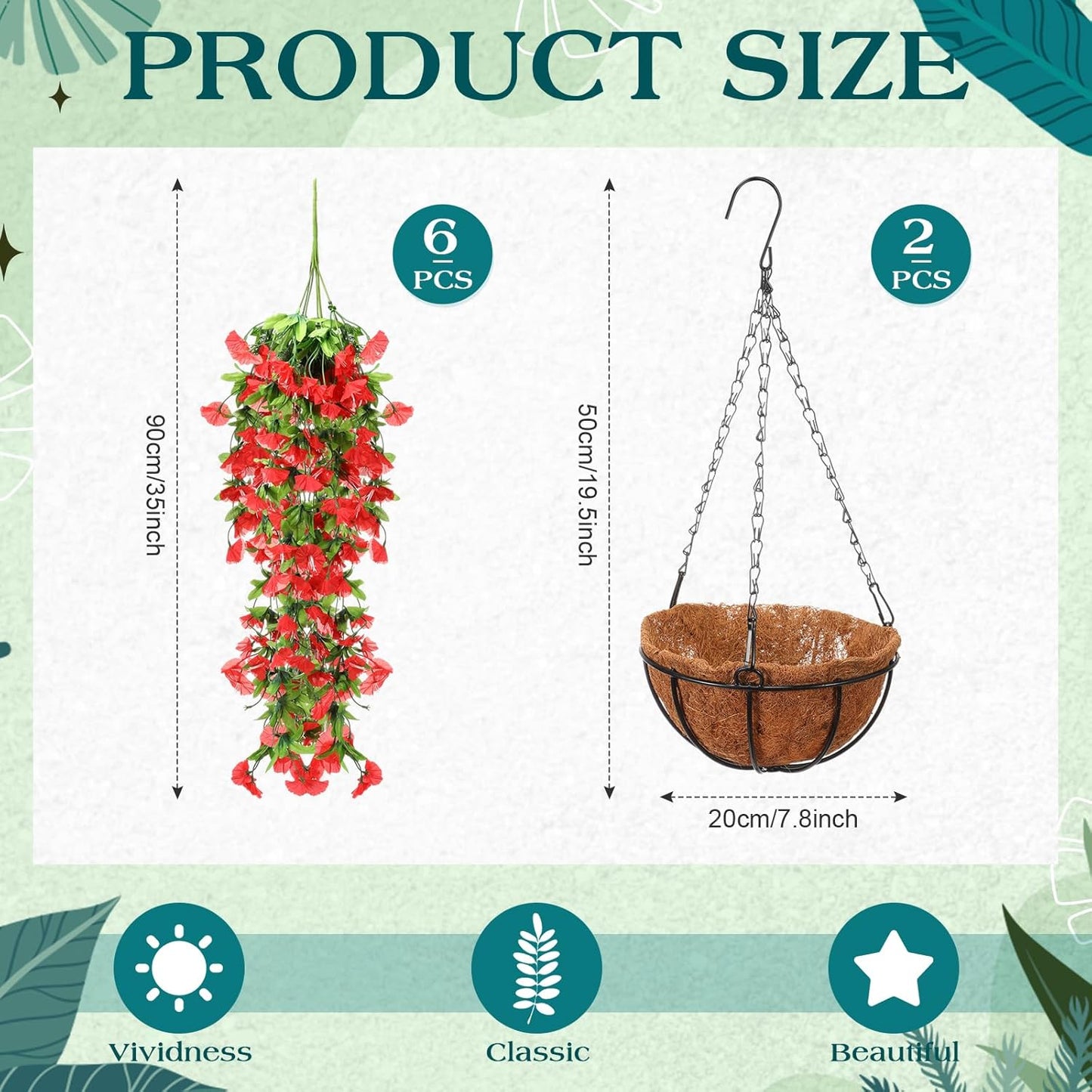 Hotop 2 Set Artificial Flowers with Hanging Basket Includes 6 Pcs Morning Glory Vines Faux Outdoor Hanging Plants Waterproof UV Resistant Fake Flowers for Patio Spring Summer Decor(Red)