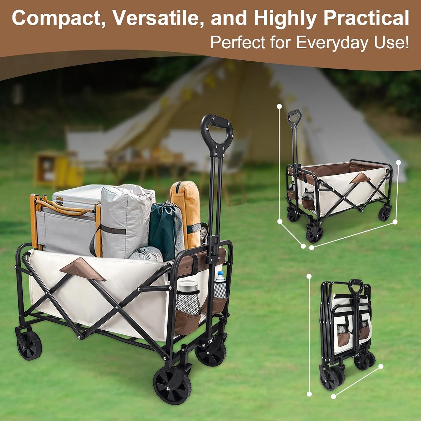 Heavy-Duty Collapsible Wagon Cart with Wheels, Lightweight Foldable Utility Cart with Adjustable Handle for Outdoor Use – Ideal for Grocery Shopping, Camping, Sports, Fishing, and More (Khaki)