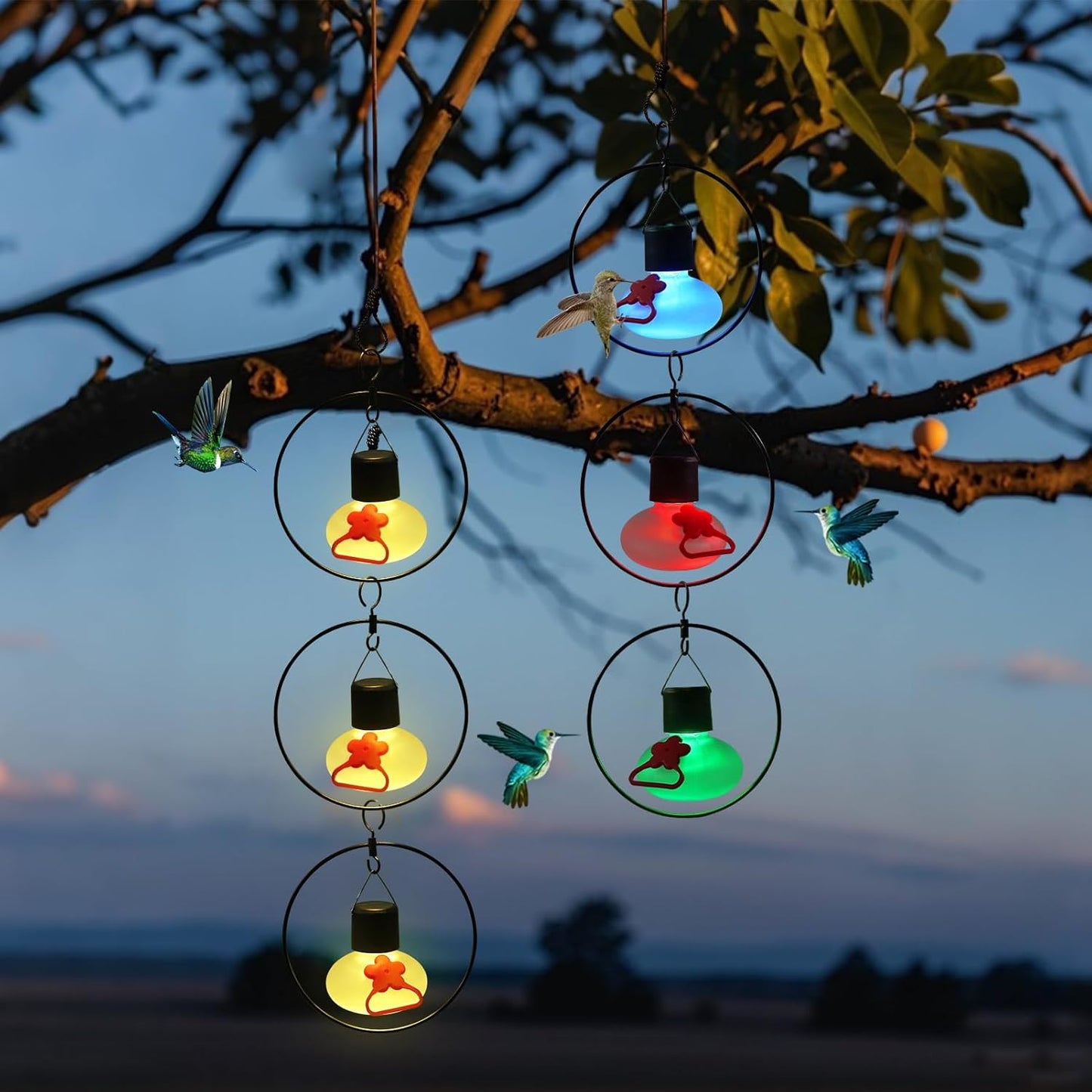 6 Pack Solar Hummingbird Feeders for Outdoors,Solar Hanging Lights Waterproof,Glass Hummingbird Feeder Individual or Chain Hanging,Garden Decor for Outside(Frosted Clear)