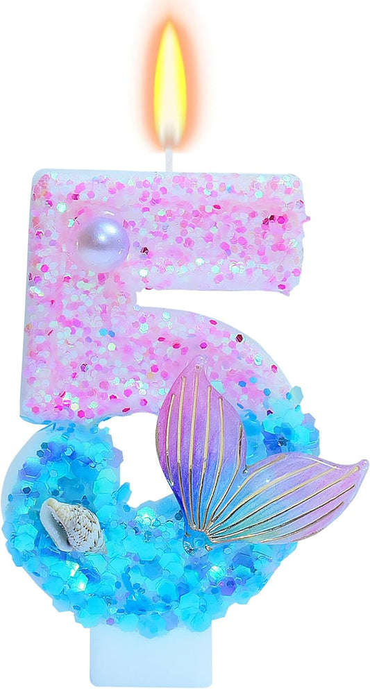 인어 테마 생일 양초, 숫자 5 여아용 글리터 생일 파티 용품, 기념일 파티 장식, 7.3cm(2.8인치) 케이크 토퍼 장식 (인어 테마, 숫자 5)