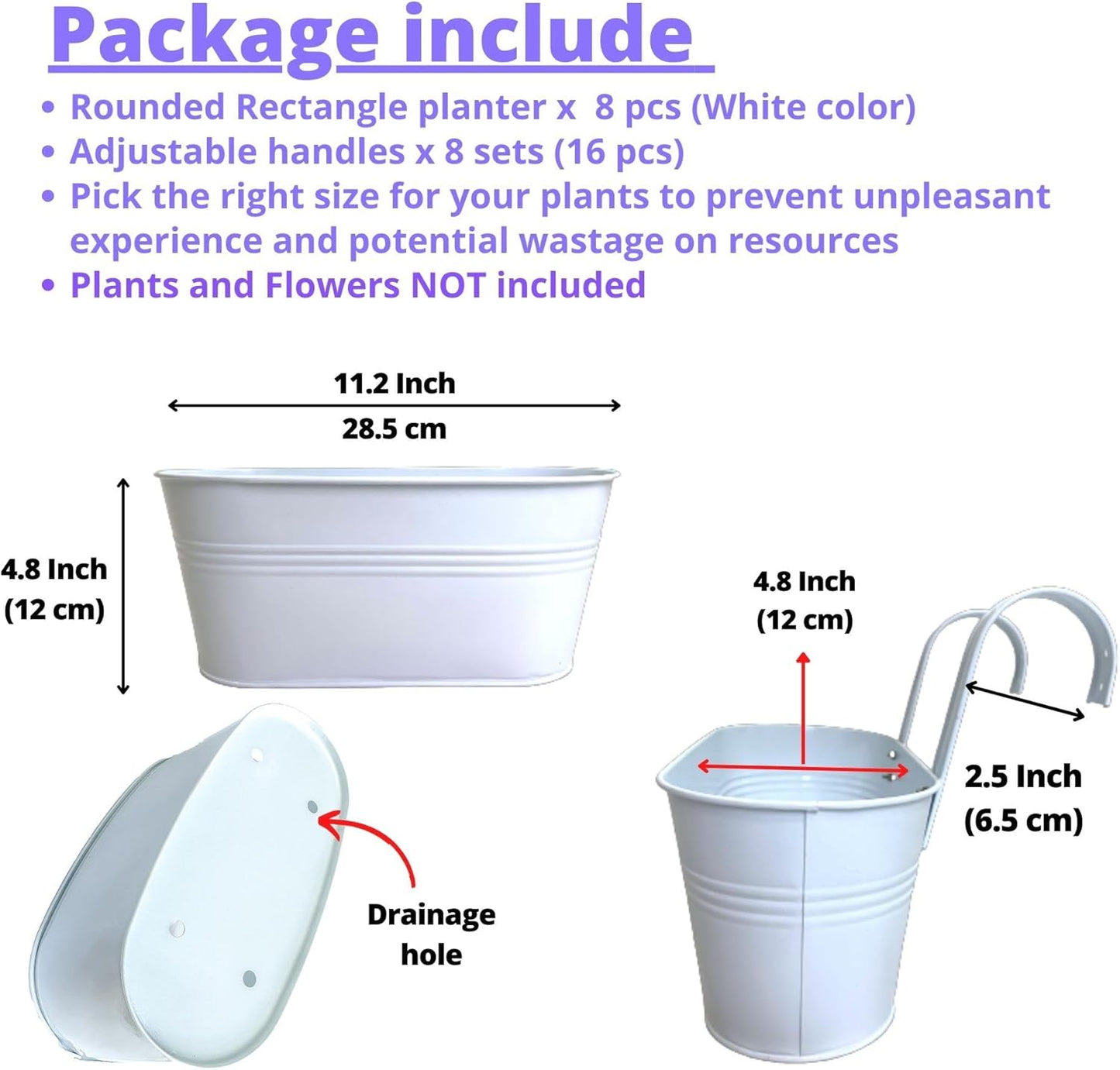 LaLaGreen Rail Planters for Outdoor (8 Pack, 11.2 Inch) White Metal Iron Hanging Flower Pots, Strawberry Planter Deck Railing Fence Bucket Modern Stylish Wall Mount Window Box Plant Holder Porch Decor