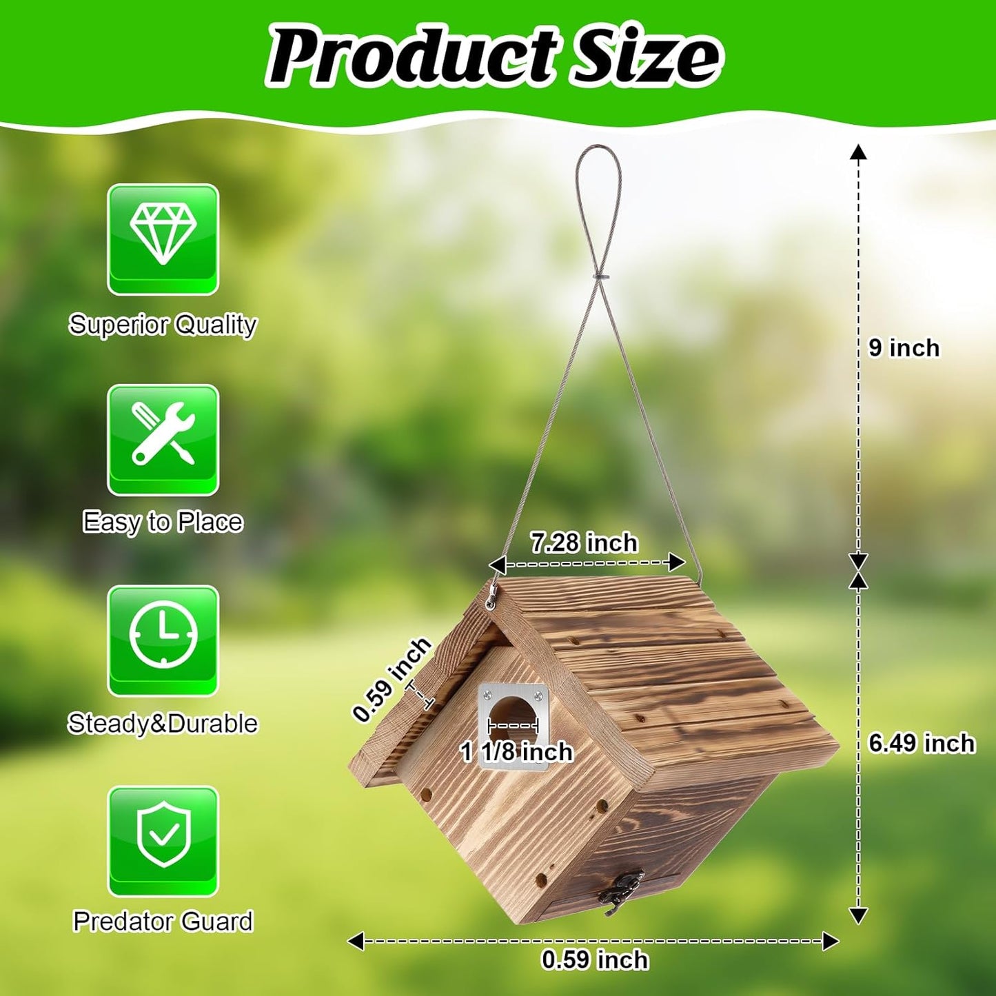 Dreyoo 1 Pack Wren House with Metal Guard, 1-1/8'' Entrance Hole Hanging Wren Bird Houses for Outside for Nesting with Air Vents, Pine Wood for Chickadees, Charcoal