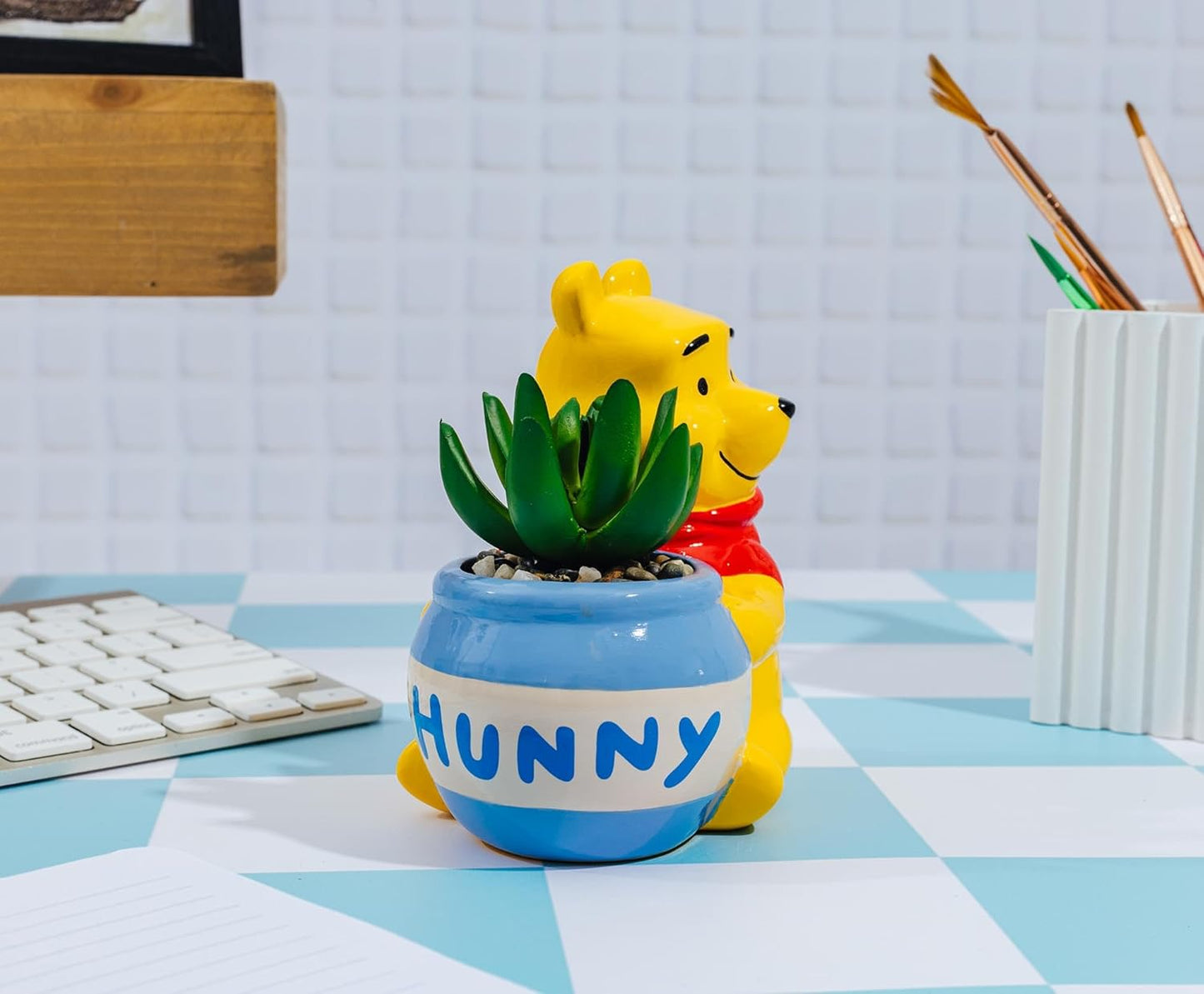 Silver Buffalo Disney Winnie The Pooh Hunny Pot 5-Inch Ceramic Mini Planter with Artificial Succulent | Cute Flower Pot, Faux Indoor Plants