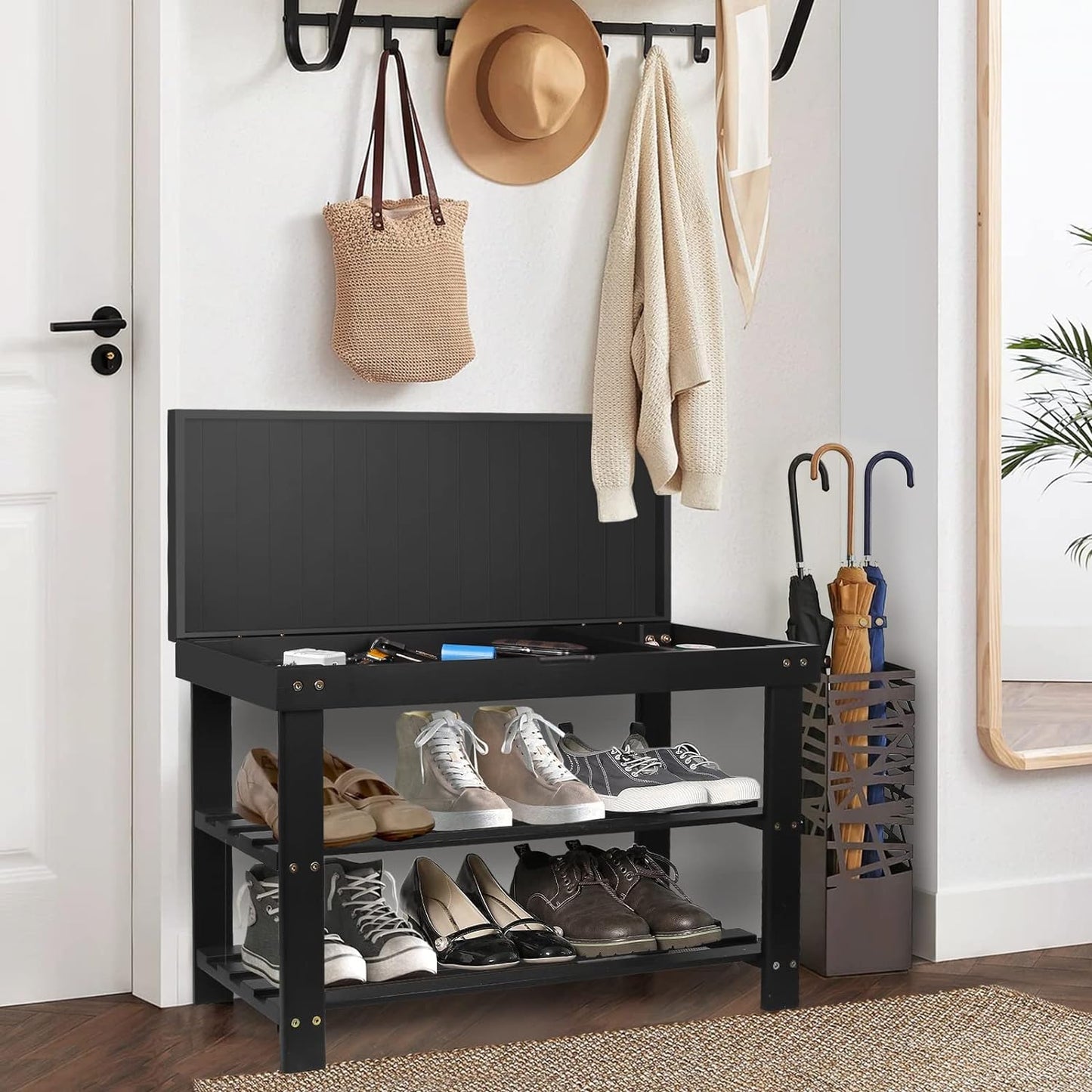 BAMBUROBA Shoe Rack Bench for Entryway,3-Tier Bamboo Small Bench with Storage Drawer,Shoe Shelf Organizer Indoor Outdoor Use,Black