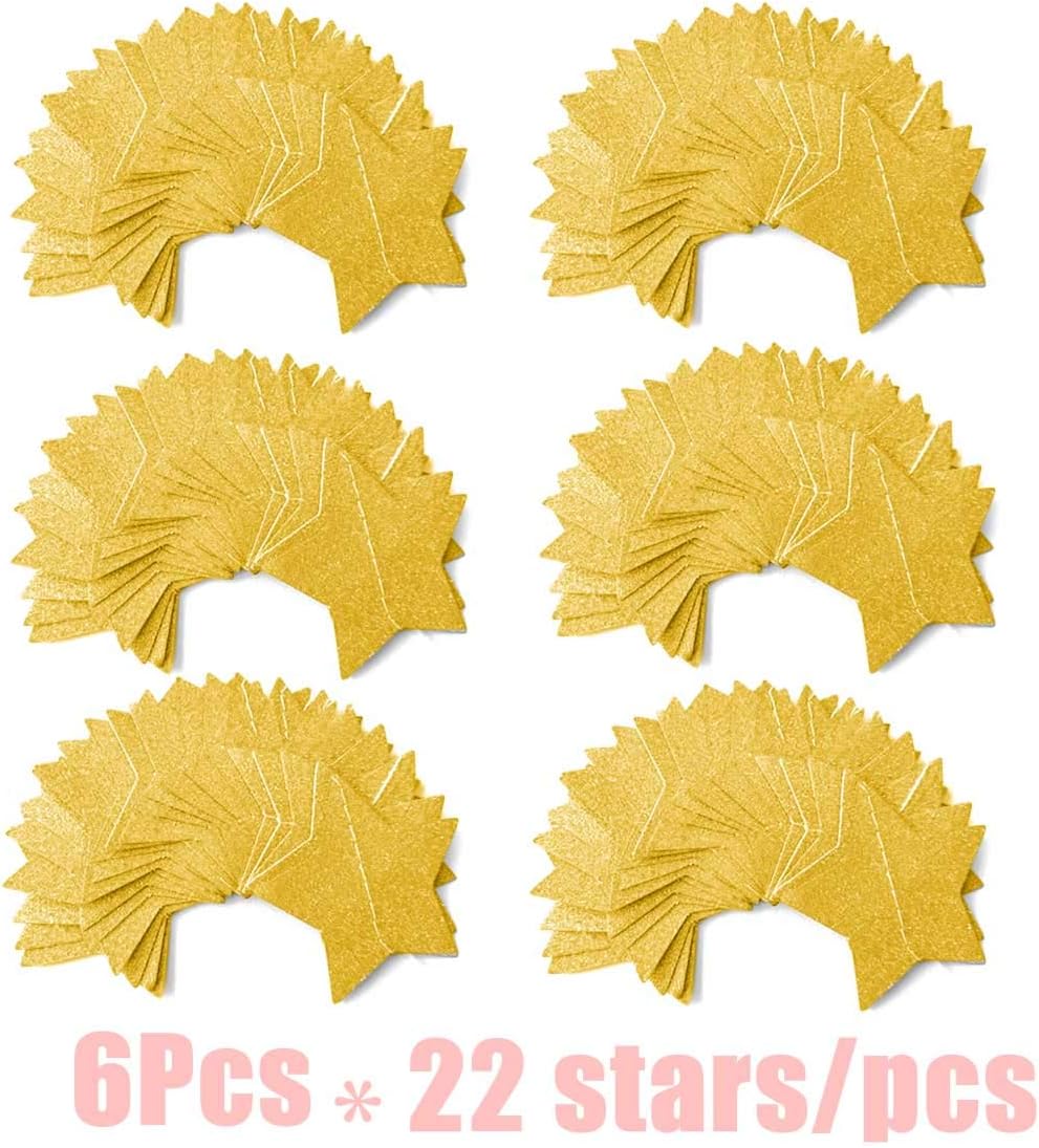 6 Pcs Gold Glitter Star Paper Garland Twinkle Bunting Banner Hanging Decorations for Christmas Birthday Party Golden Sparkling Stars for Bridal Showers Wedding Baby Shower Holiday Supplies (50 Feet)