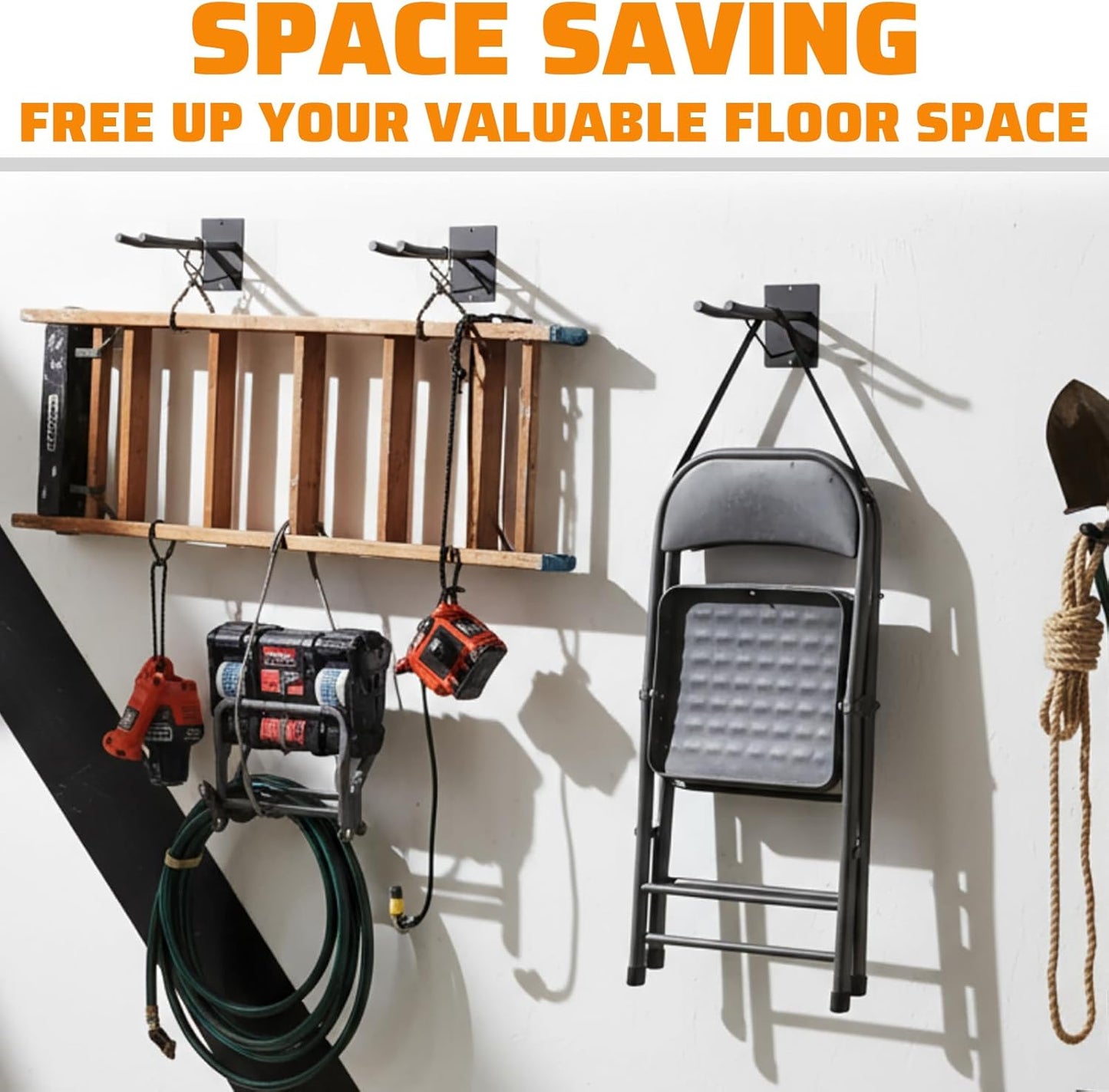 12.6'' Heavy Duty Garage Hooks, 4 Pack Garage Storage Hooks with Support Rods, Utility Wall Mount Hangers for Power Tools, Car Tires, Ladders, Chairs, Garden Tools and More