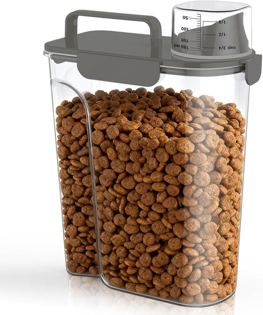 Dog Cat Food Storage Container, 5-7Lbs Pet Food Containers, Airtight Cat Food Container with Portable Handle & Measuring Cup, Small Animal Dry Food Dispenser for Dogs, Cats and Birds Grey