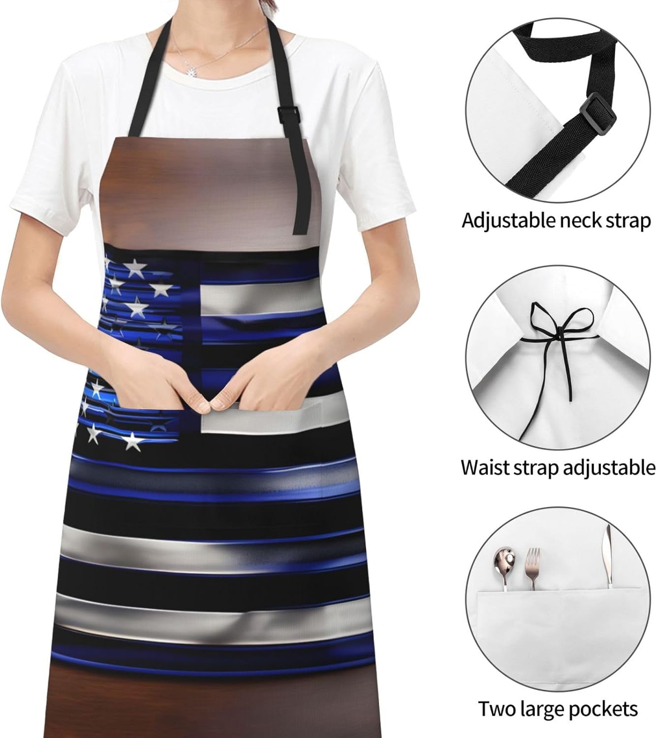 American Thin Blue Line Flag Print Laundry apron 28x33 In Waterproof Kitchen Apron with Pockets for Cooking Baking