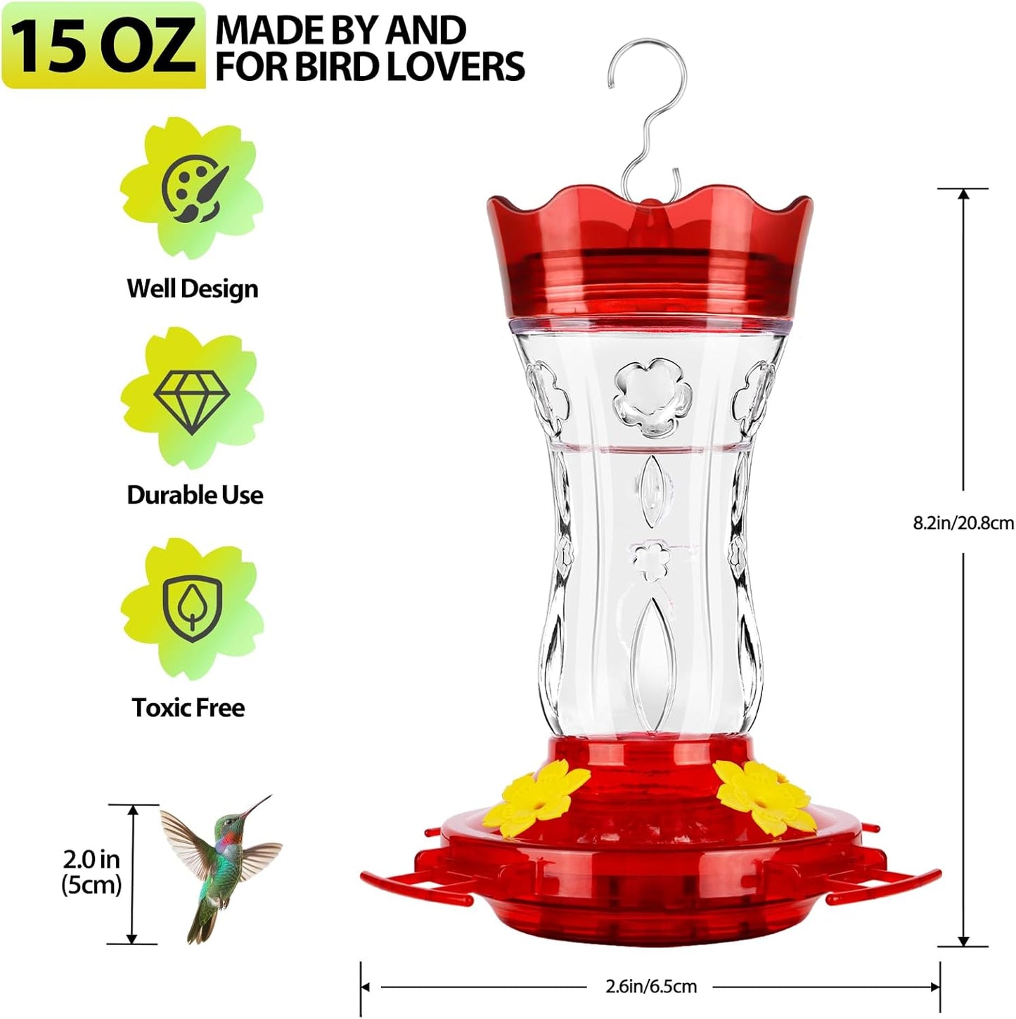 Glass Hummingbird Feeders for Outdoors, Built-in Ant Moat & Leakproof Design, XAROO Hummingbird Feeder with 4 Bee Guard Feeding Ports, 15OZ, Red, Gifts for Mom Wife Dad, Birthday Gift for Men Women