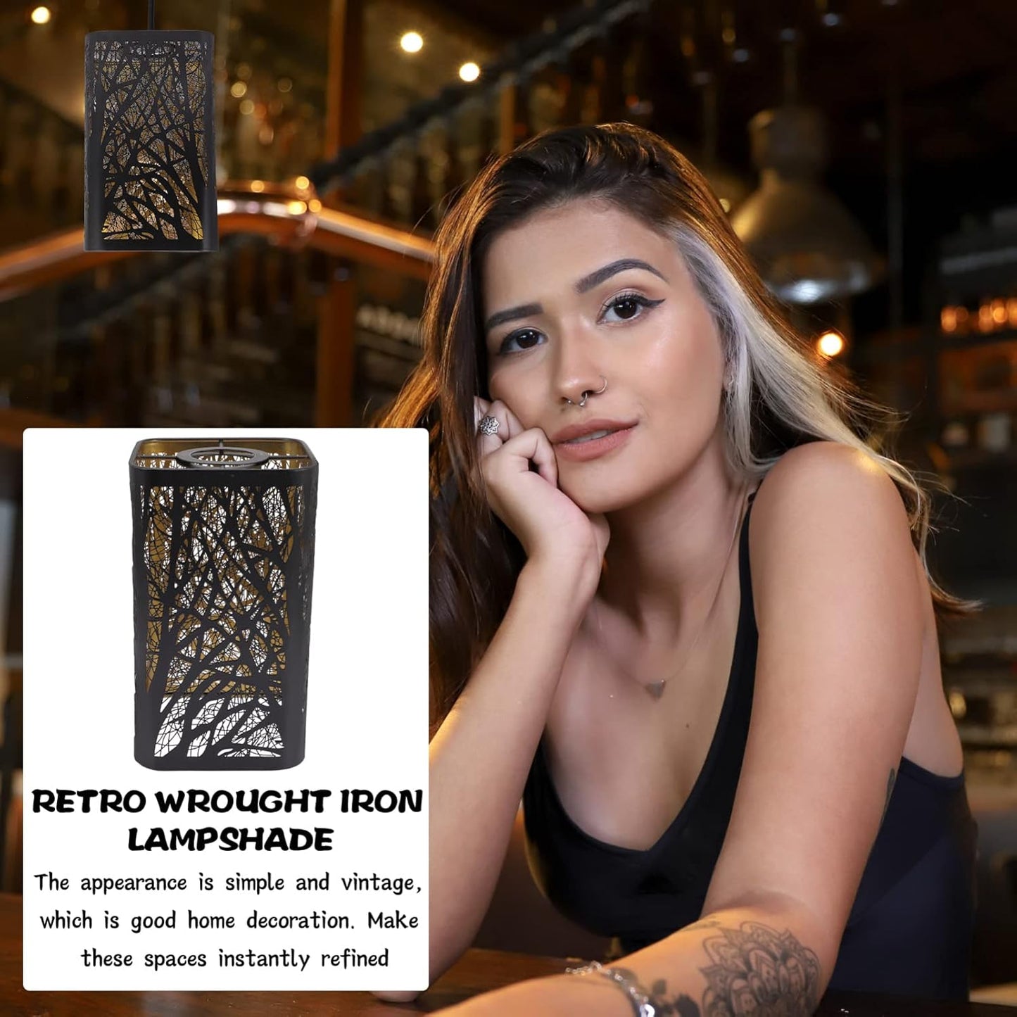 Lurrose Wrought Iron Lamp Shade Square Hollow Carved Pendant Shade for