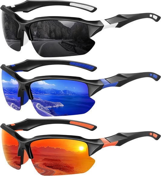 XVXV 3 Pack Polarized Sports Sunglasses for Men, UV Protection Half Fr