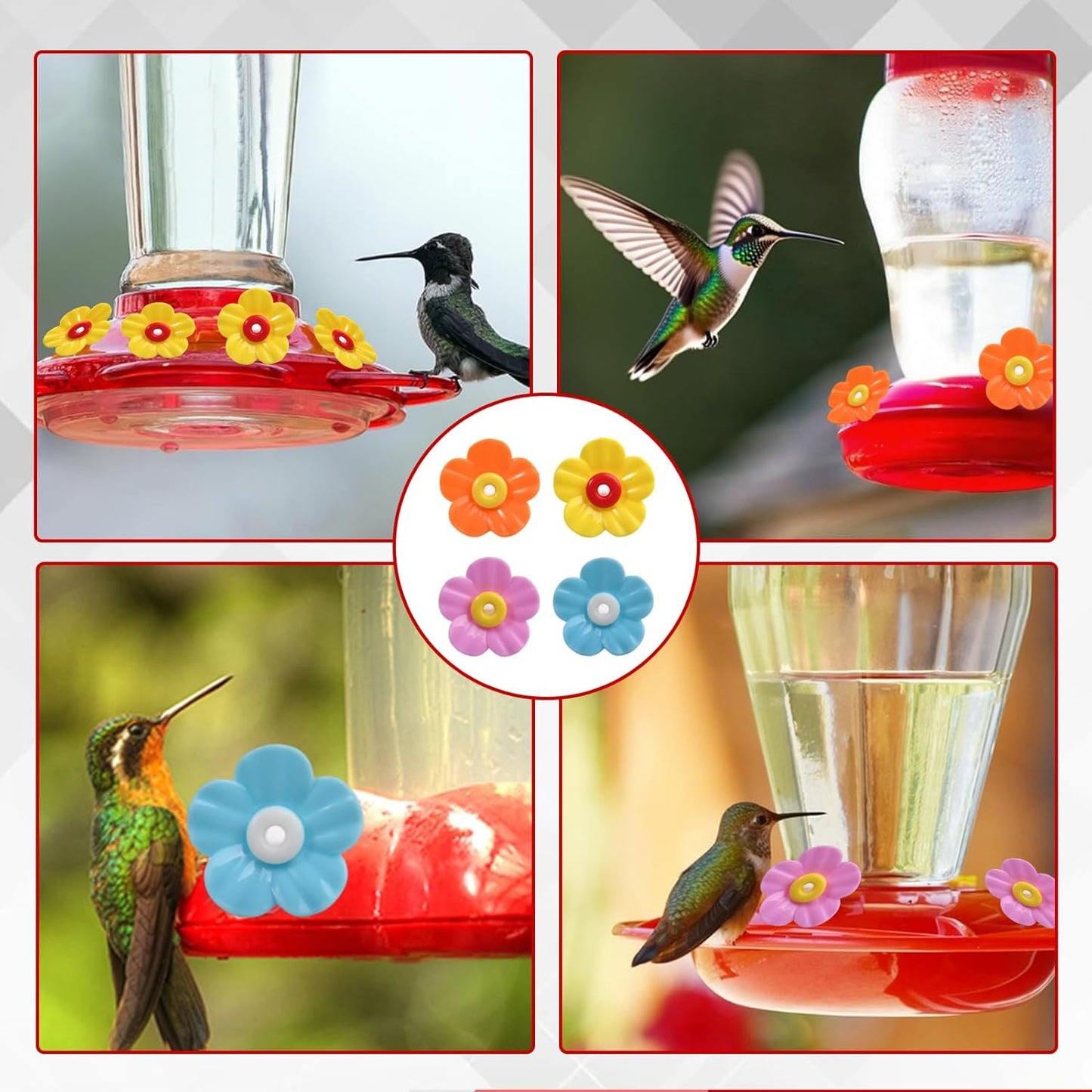16 Pieces Hummingbird Feeders Replacement Flowers Pet Replacement Bird Feeder Parts with 2 PCS Brush for Feeding Ports Bee Guards Hummingbird Outdoors Hanging Feeder Bright Color