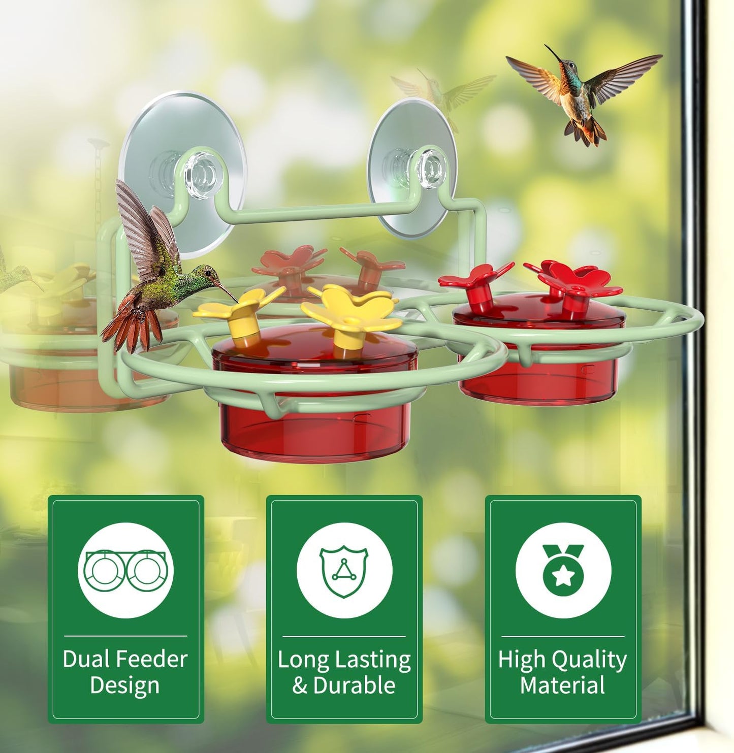 Window Hummingbird Feeder, Small Hummingbird Feeder for Outdoors with Strong Suction Cup - Metal Base & 6 Feeding Ports, Easy to Clean and Refill