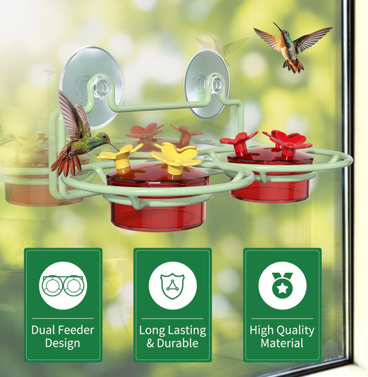 Window Hummingbird Feeder, Small Hummingbird Feeder for Outdoors with Strong Suction Cup - Metal Base & 6 Feeding Ports, Easy to Clean and Refill