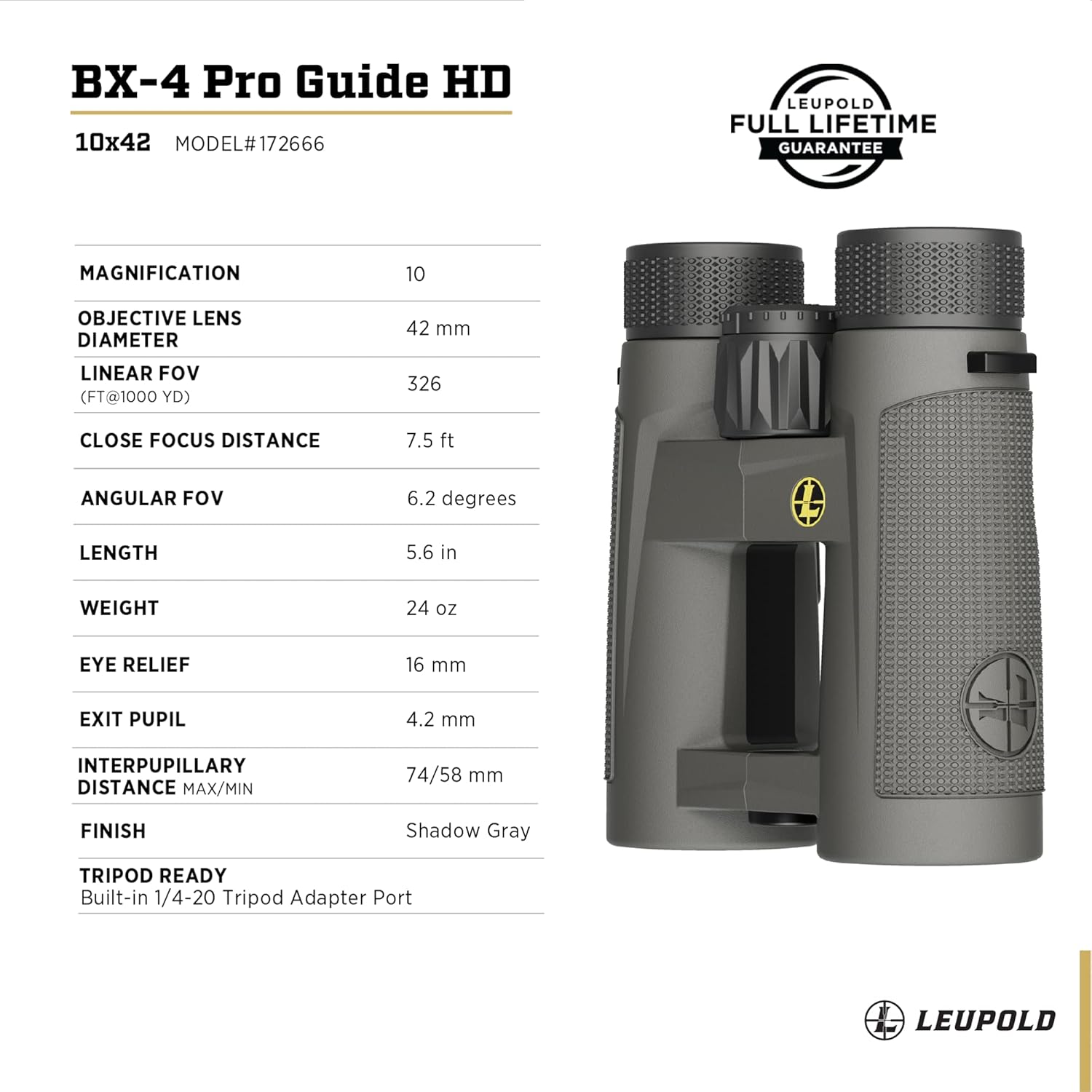 Leupold BX-4 Pro Guide HD Binoculars, 10x42mm, Shadow Gray (172666)