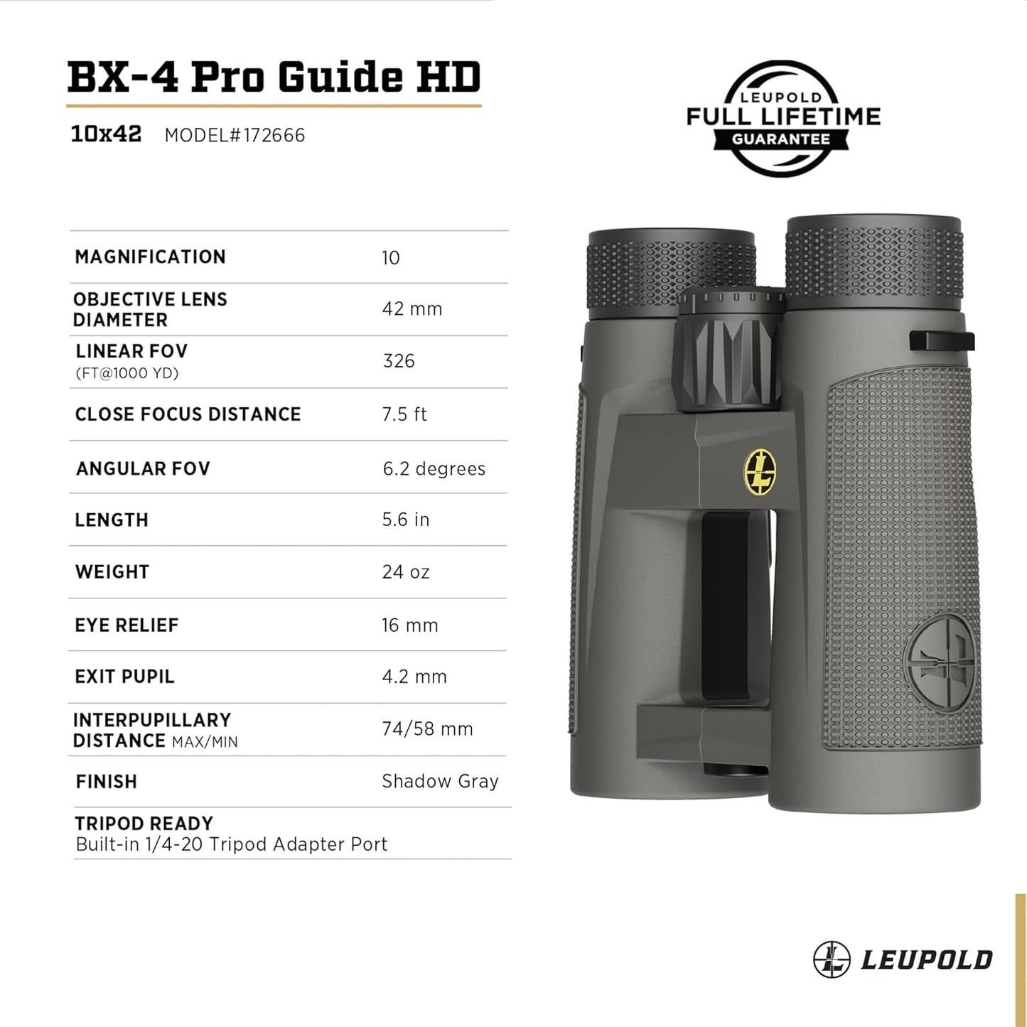 Leupold BX-4 Pro Guide HD Binoculars, 10x42mm, Shadow Gray (172666)