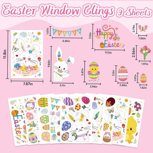 9 Sheets Easter Window Clings, Happy Easter Decorations, Eggs Bunny Rabbit Window Stickers for Home Office School, Spring Decals Decor for Glass Windows Doors