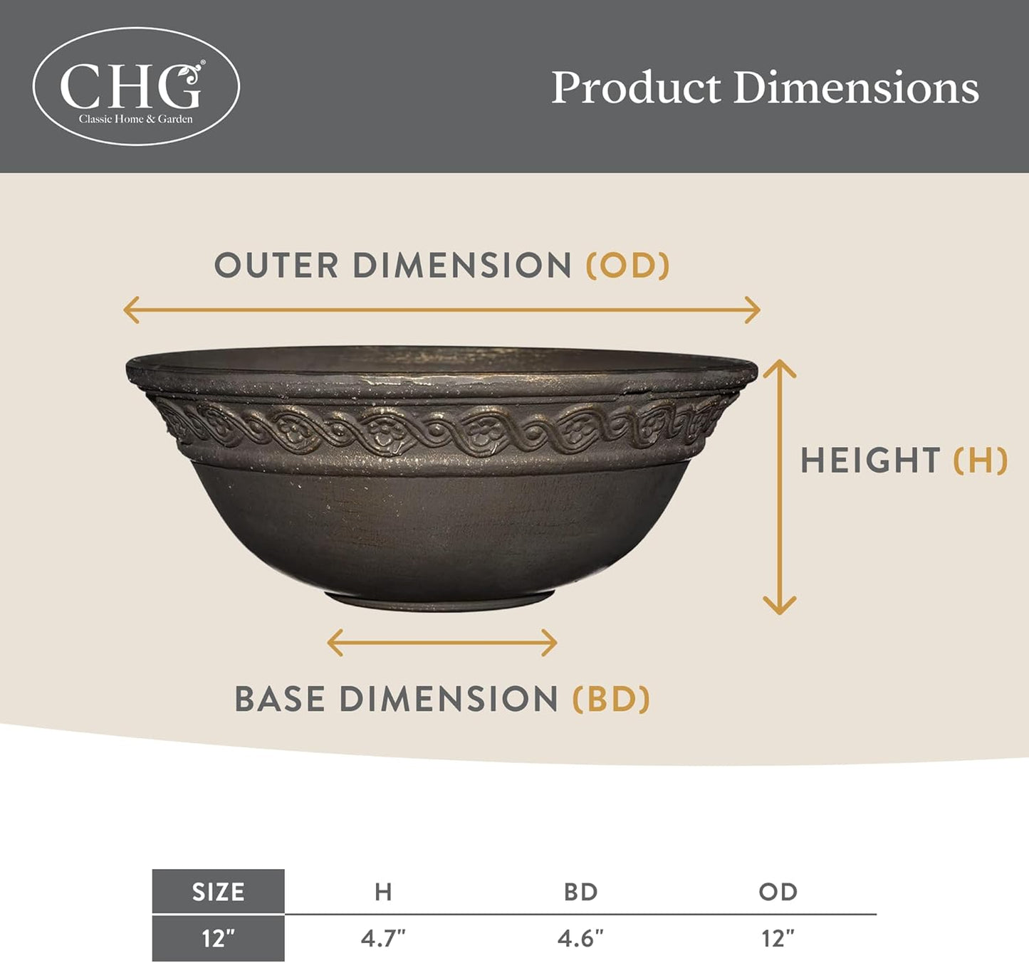 Classic Home and Garden Corinthian Shallow Planter with Drainage - Decorative Garden Bowl Planter for Succulents, Flowers, & More - UV Resistant Wide Plant Bowl for Indoors/Outdoors (12” Ivory Ash)