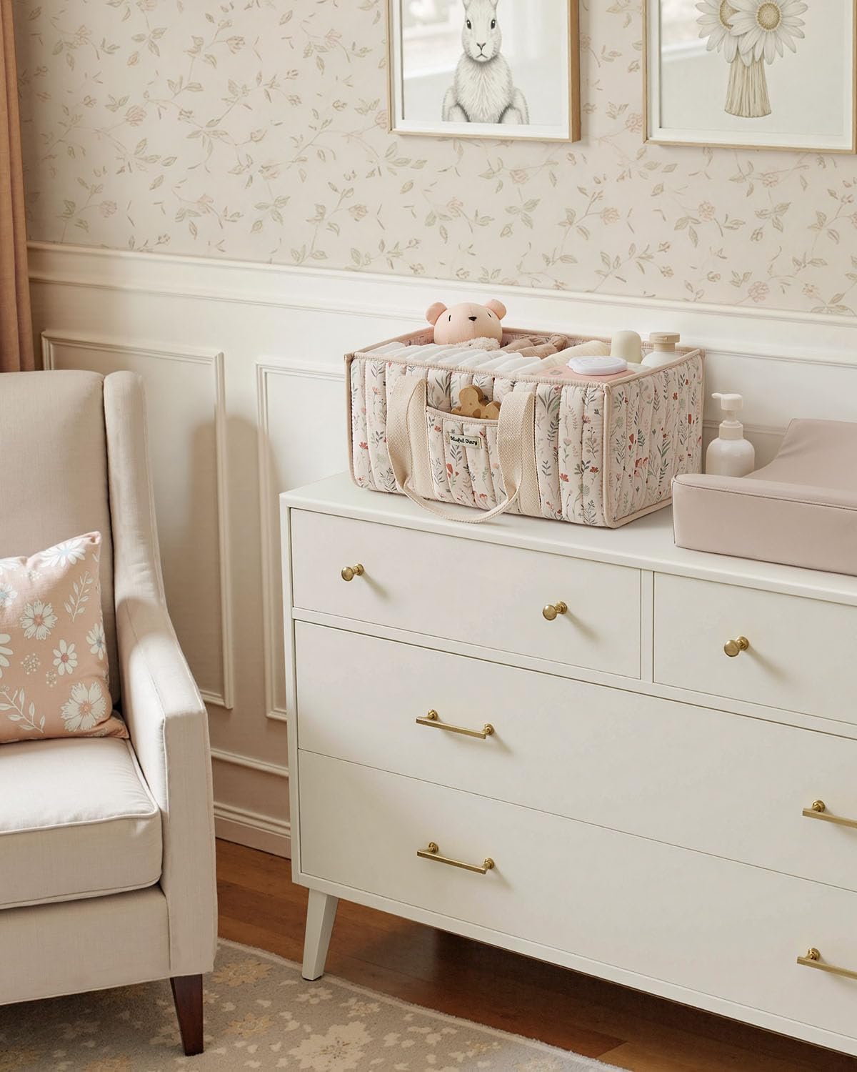 Blissful Diary Floral Diaper Caddy Organizer, Stylish Nursery Storage 