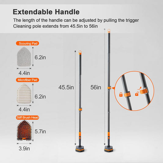 Tile Tub Scrubber Brush with 3 Different Function Cleaning Heads and 56" Extendable Long Handle-No Scratch Shower Scrubber for Cleaning Bathroom Kitchen Toilet Wall,Bathtub,Sink,Grey