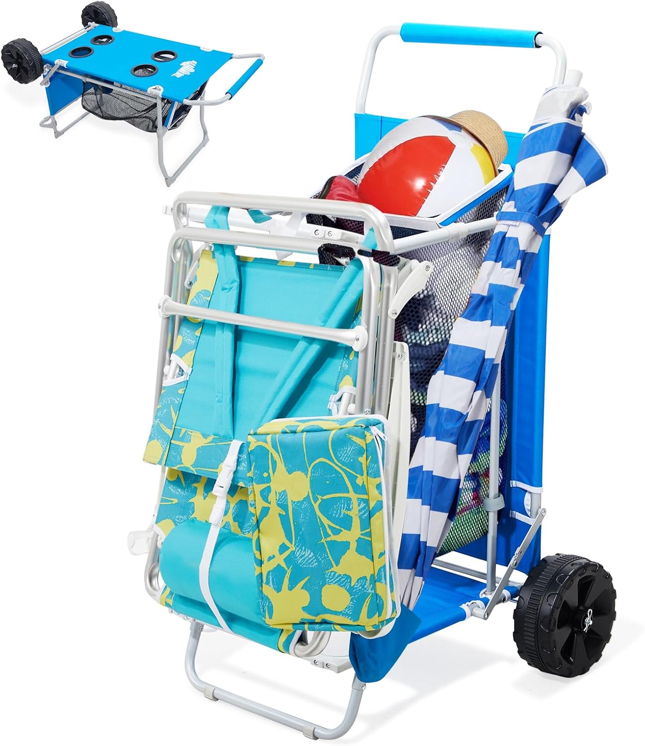 2-in-1 Beach Cart with Big Wheels for Sand, Folding Utility Wagon with Chair Holder, Cooler Bag, Mesh Storage, 4 Cup Holders, Umbrella Rack, Supports 100 lbs, Ideal for Beach Camping Shopping