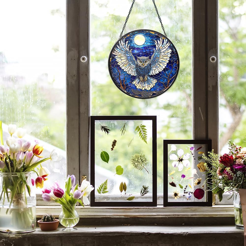 Owl Suncatcher - Moonlit Stained Glass Window Hanging Decor for Nature