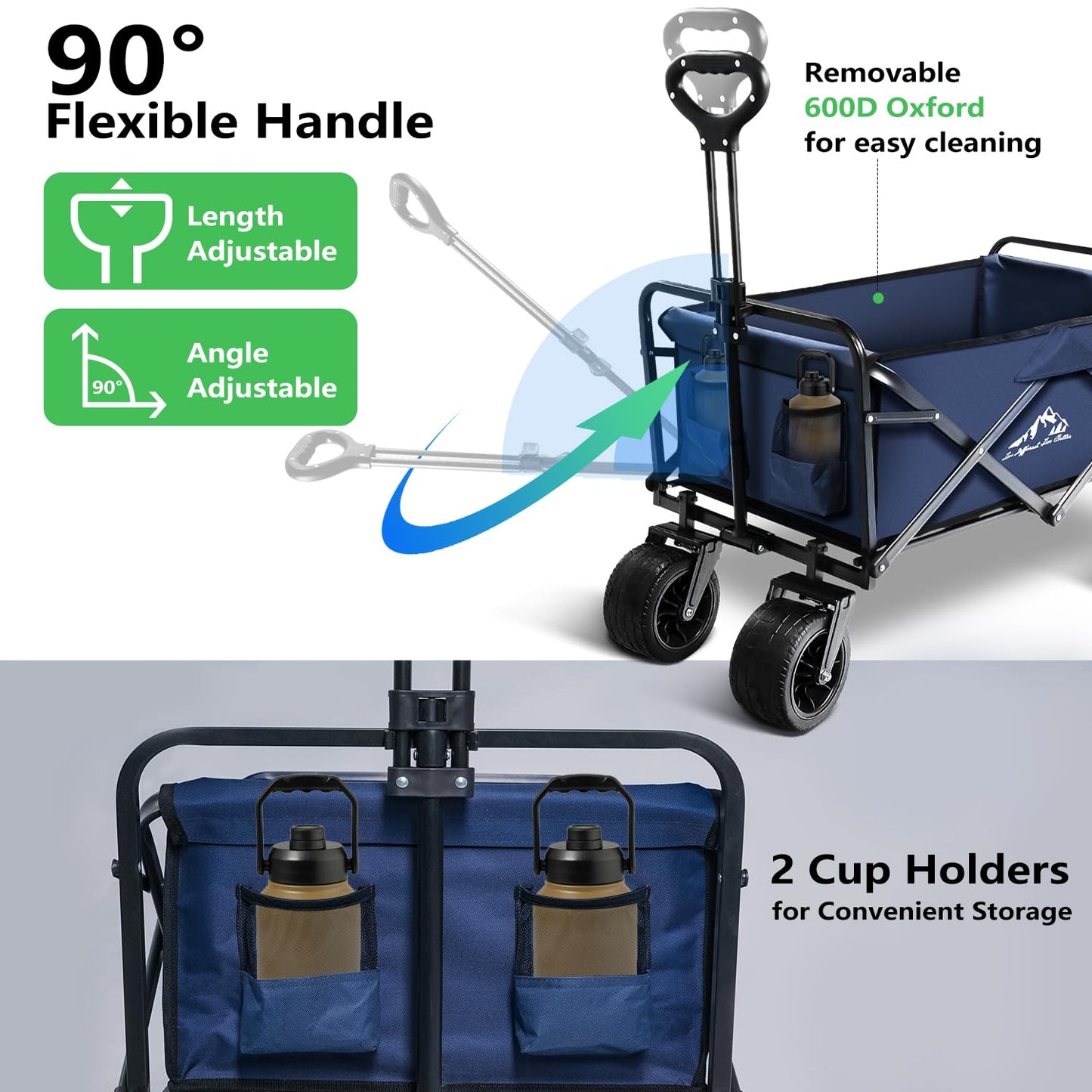 Collapsible Folding Wagon, Capacity 300lbs Heavy Duty Foldable Cart with Two Drink Holders, Portable Utility Grocery Wagon for Camping Shopping Sports, Blue
