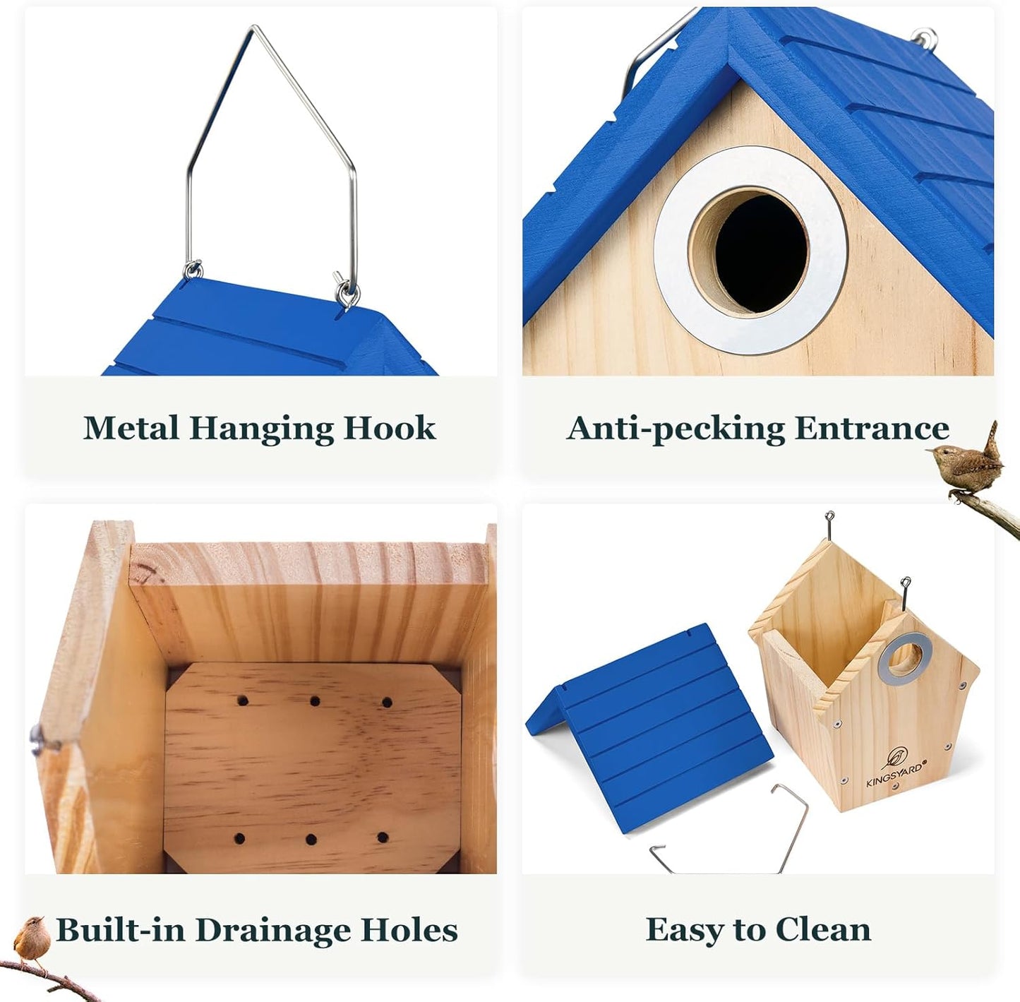 Kingsyard Wooden Wren House with Predator Guard, Bird Nesting for Outdoor, Garden Patio Nest Box Birdhouse for Wild Bird Watching, Royal Blue