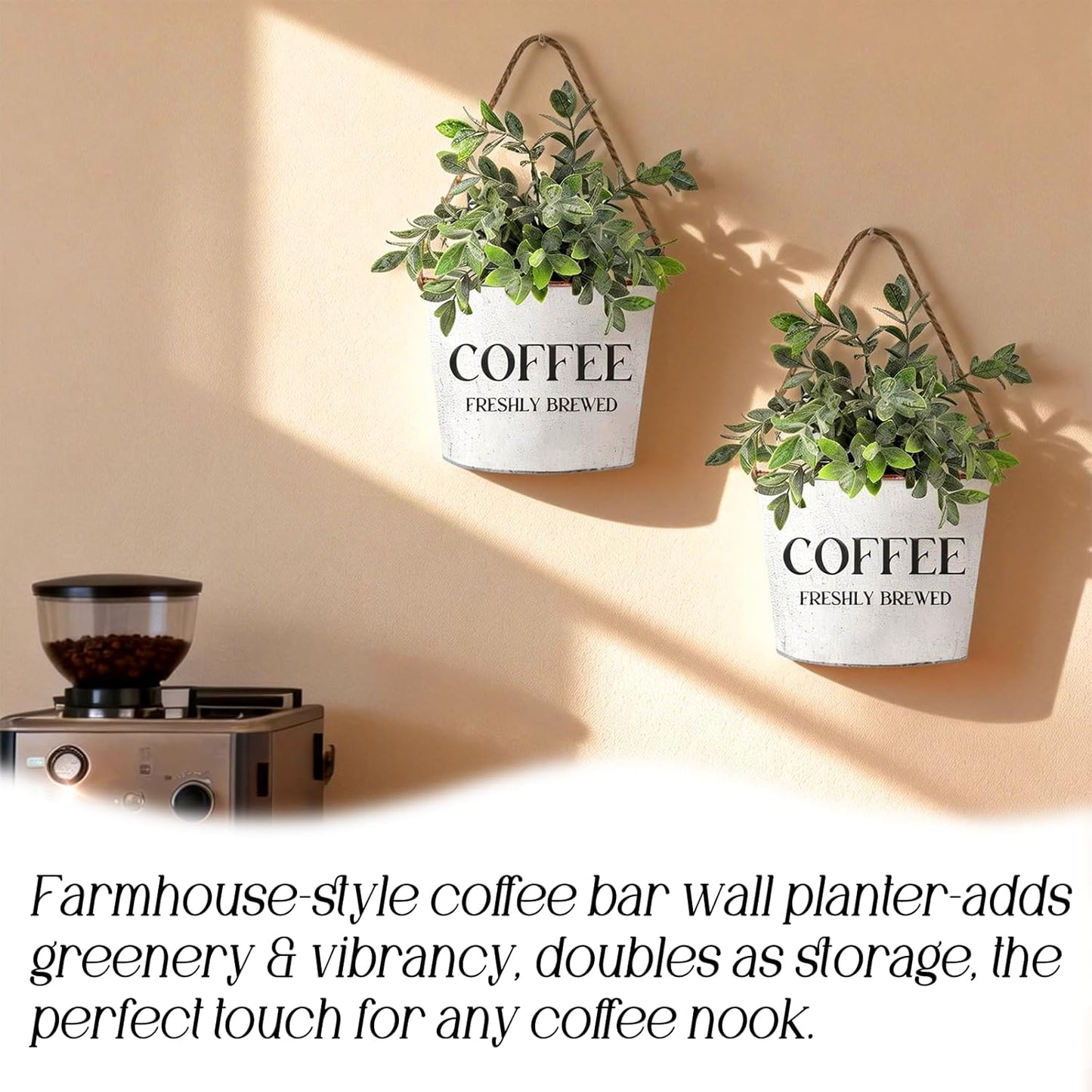 Coffee Bar Decor - 2 Pcs Rustic Farmhouse Wall-Mounted Planters, Decorative Flower Pots for Coffee Bar Walls, 6.2x5.5x4.3 Inches | Greenery Not Included