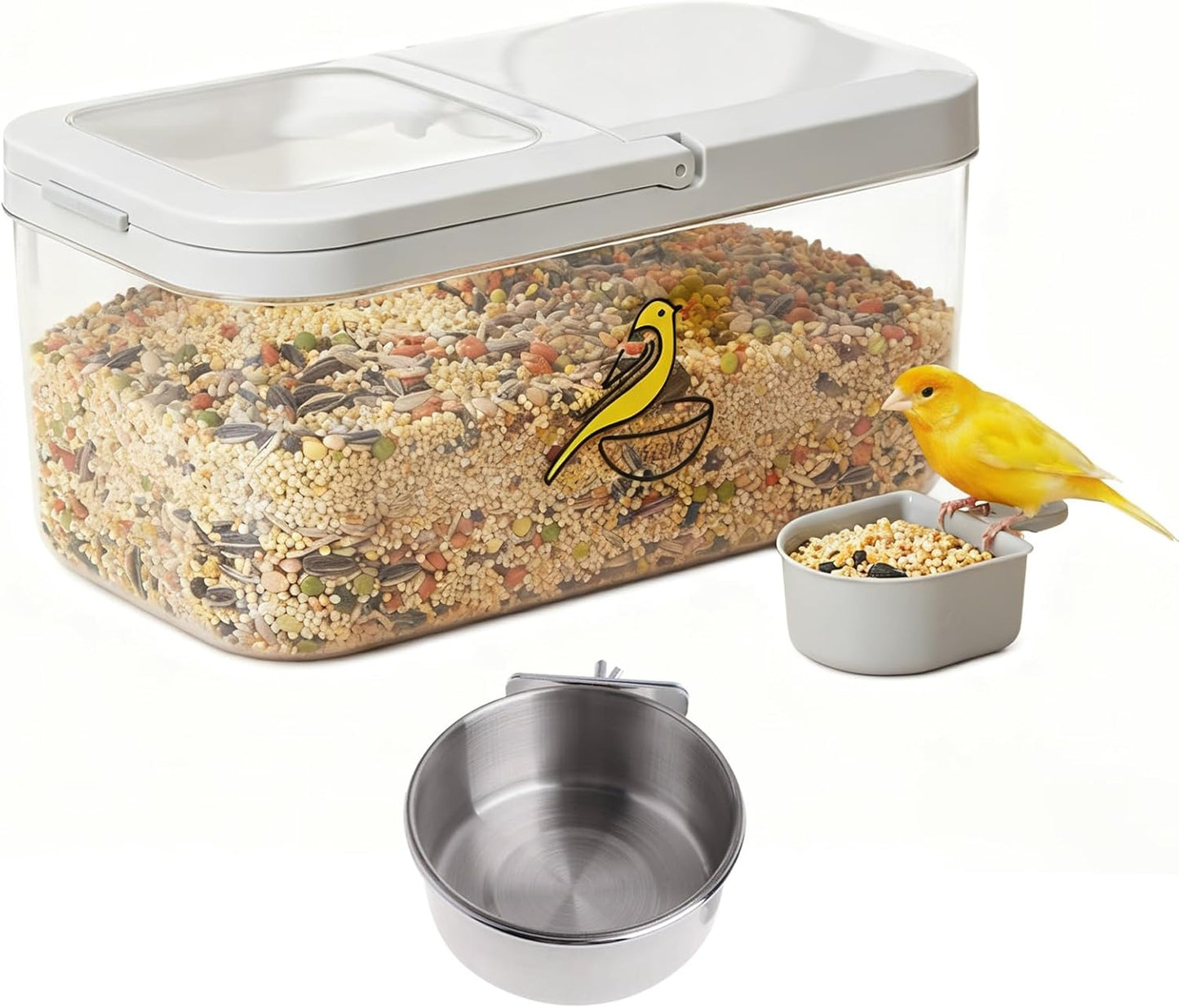 Bird Seed Storage Container, 5.4 Qt/6 L Pet Food Container with Measuring Cup & Stainless Steel Bird Feeder Bowl, Airtight Wild Birds Seed Dispenser, Plastic BPA Free, Clear