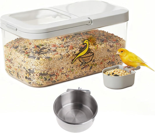 Bird Seed Storage Container, 5.4 Qt/6 L Pet Food Container with Measuring Cup & Stainless Steel Bird Feeder Bowl, Airtight Wild Birds Seed Dispenser, Plastic BPA Free, Clear