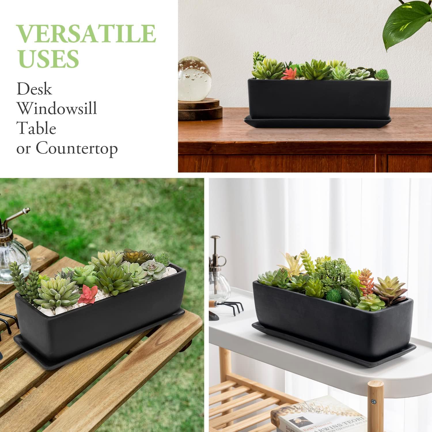 MyGift 14 Inch Ceramic Indoor Plant Pot, Rectangular Succulent Planter