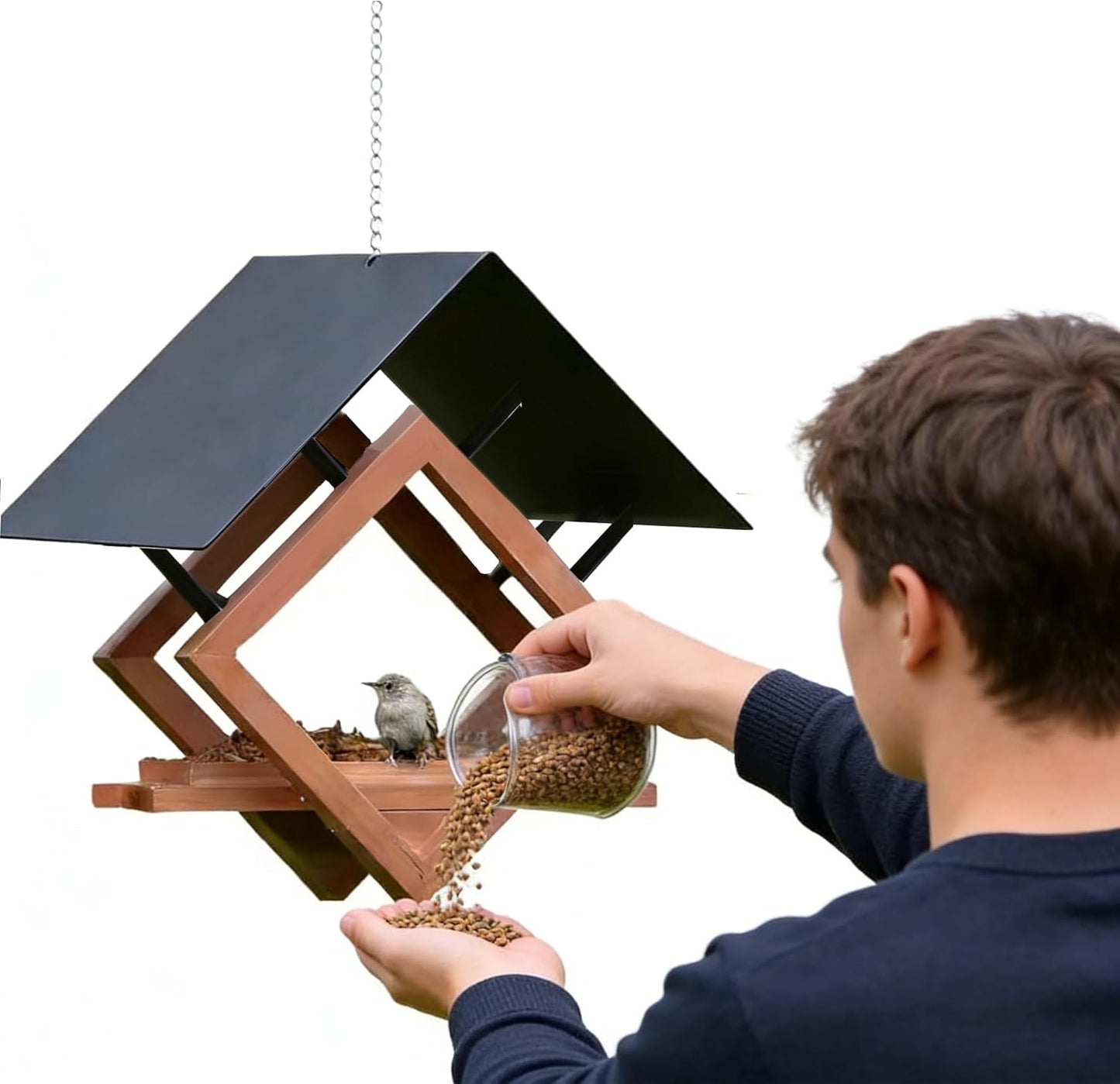 Wooden & Heavy Duty Metal Hanging Bird Feeder Outdoor, Squirrel Proof Wild Bird Feeder, Iron Art Decor for Garden Yard Patio