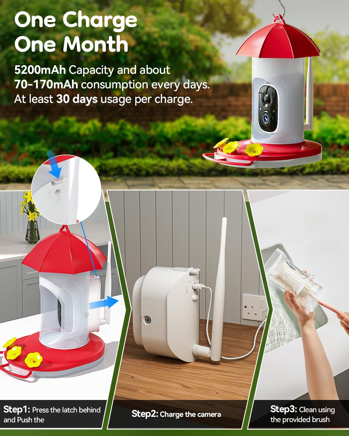 LongPlus® Hummingbird Feeder with Camera, Ant Moat, Bee Proof, Bird Feeder with Camera, Bird Watching Camera with 3 Feeding Ports, Instant Notification, Ideal Gift