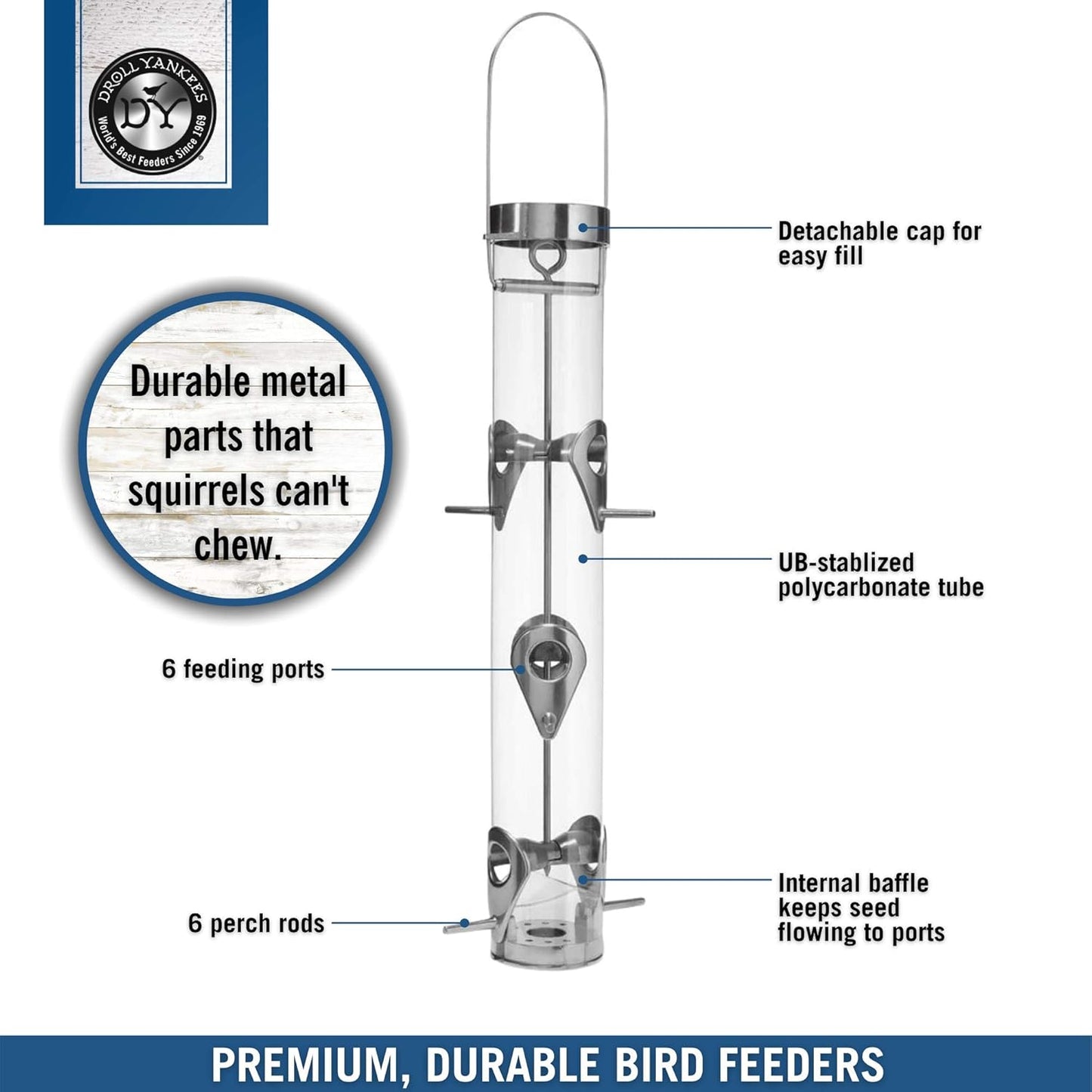 Droll Yankees Classic Sunflower or Mixed Seed Bird Feeder, Ring Pull Advantage, 6 Feeding Stations, 1 lb Bird Seed Capacity, 20-Inch