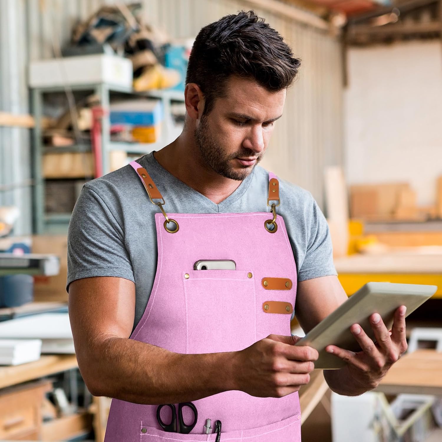 Chef Apron for Men Women Canvas Aprons with 3 Pockets Cross Back Resis