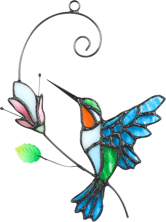 Hummingbird with Flower Stained Glass Birds Suncatcher Window Hangings Bird Suncatcher for Window Home Decor Handmade Hummingbird Gifts for Bird Lovers