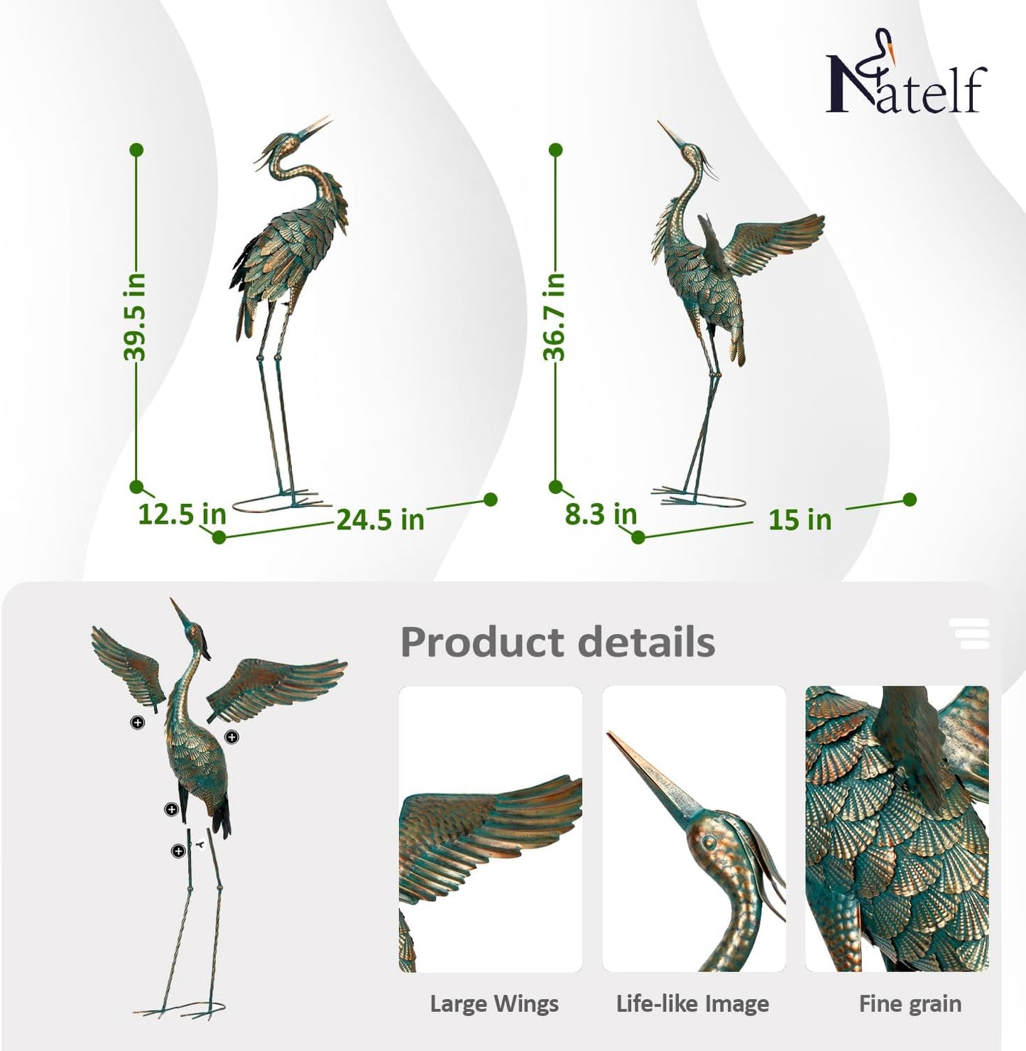 Natelf Metal Crane Garden Statues, Large Heron Outdoor Bird Sculpture 