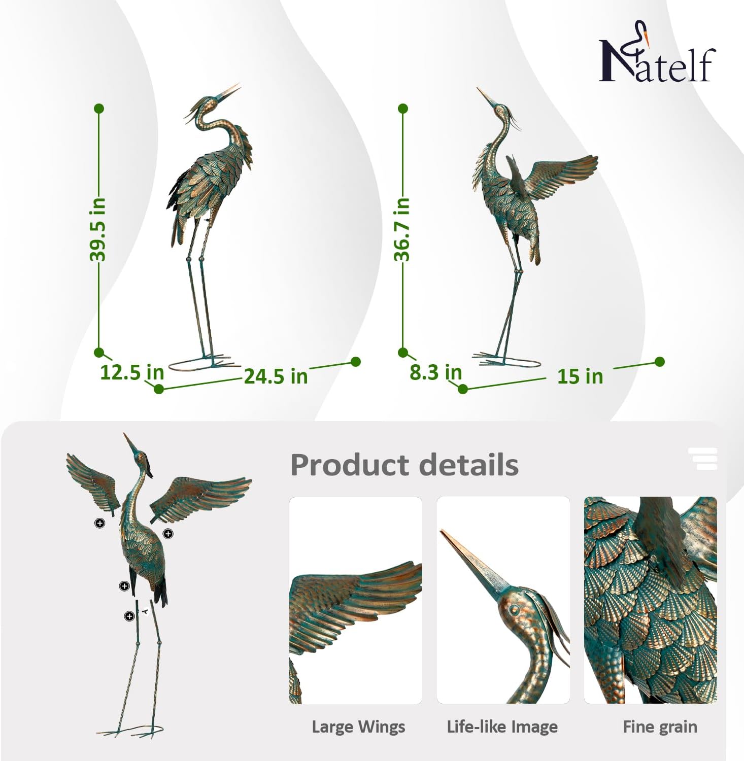 Natelf Metal Crane Garden Statues, Large Heron Outdoor Bird Sculpture 