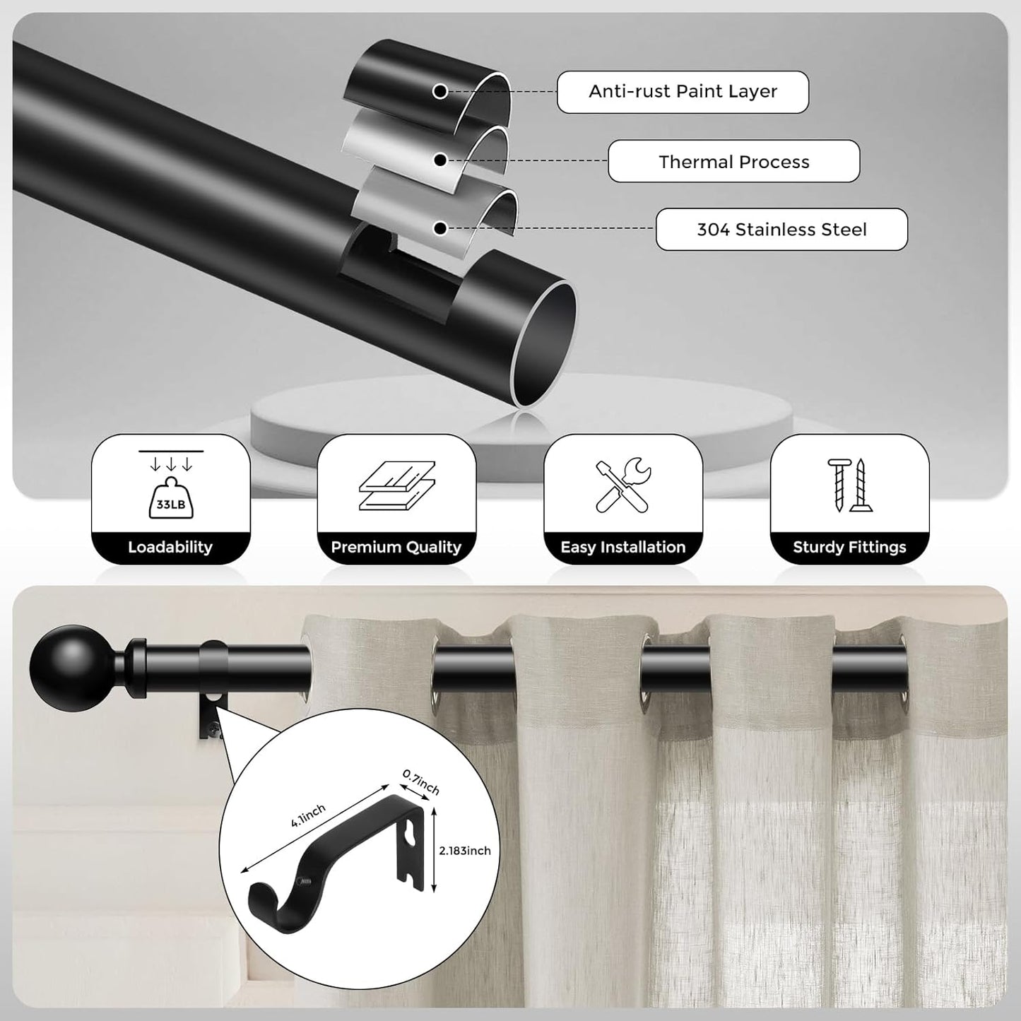 Curtain Rods 48 to 84 Inch, Black 1 Inch Adjustable Heavy Duty Curtain Rods for Windows, Decorative Modern Window Treatment Rod, Telescopic Splicing Metal Drapery Pole, Easy Installation